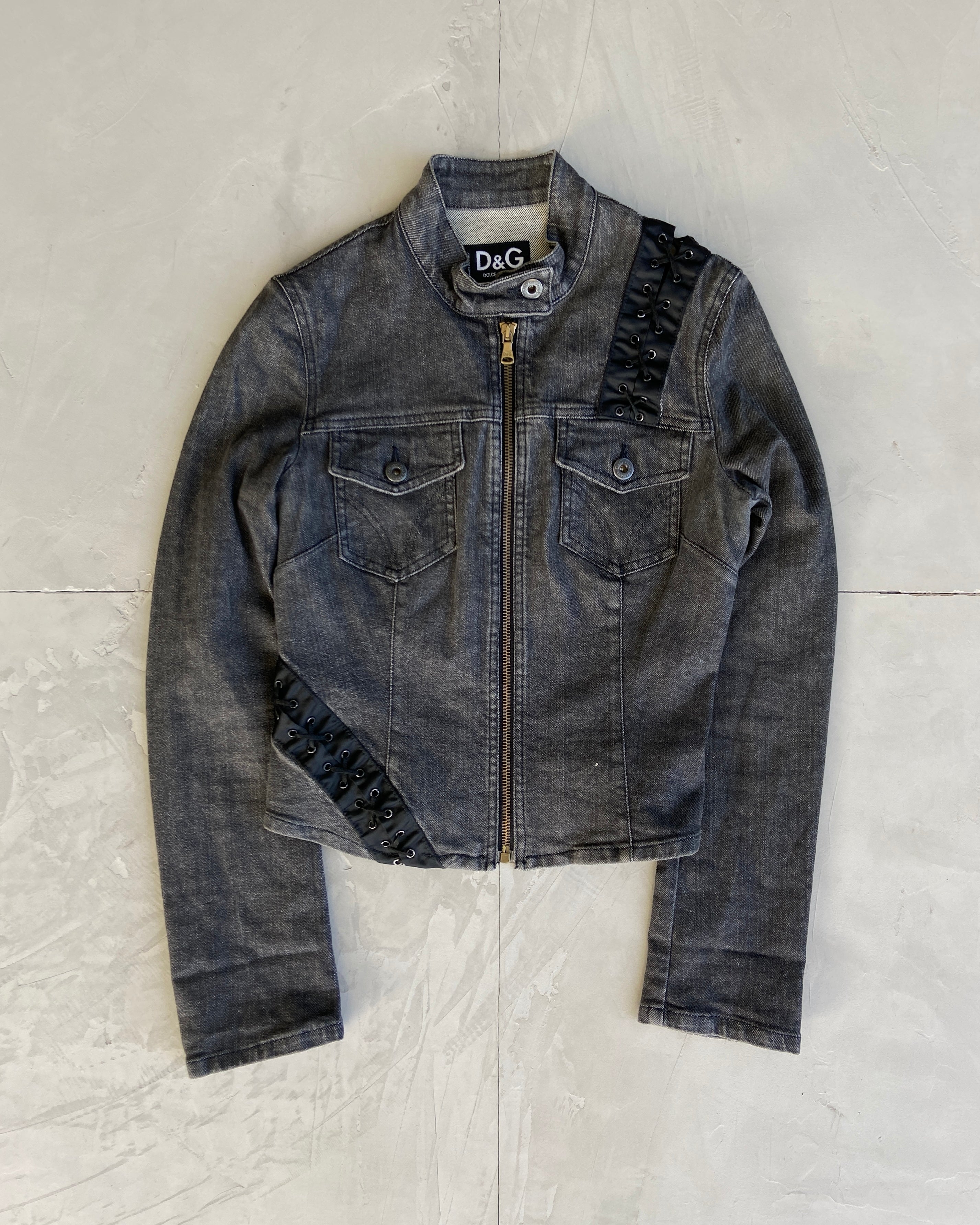 DOLCE AND GABBANA D&G BONDAGE LACE CUT OUT DENIM JACKET - XS