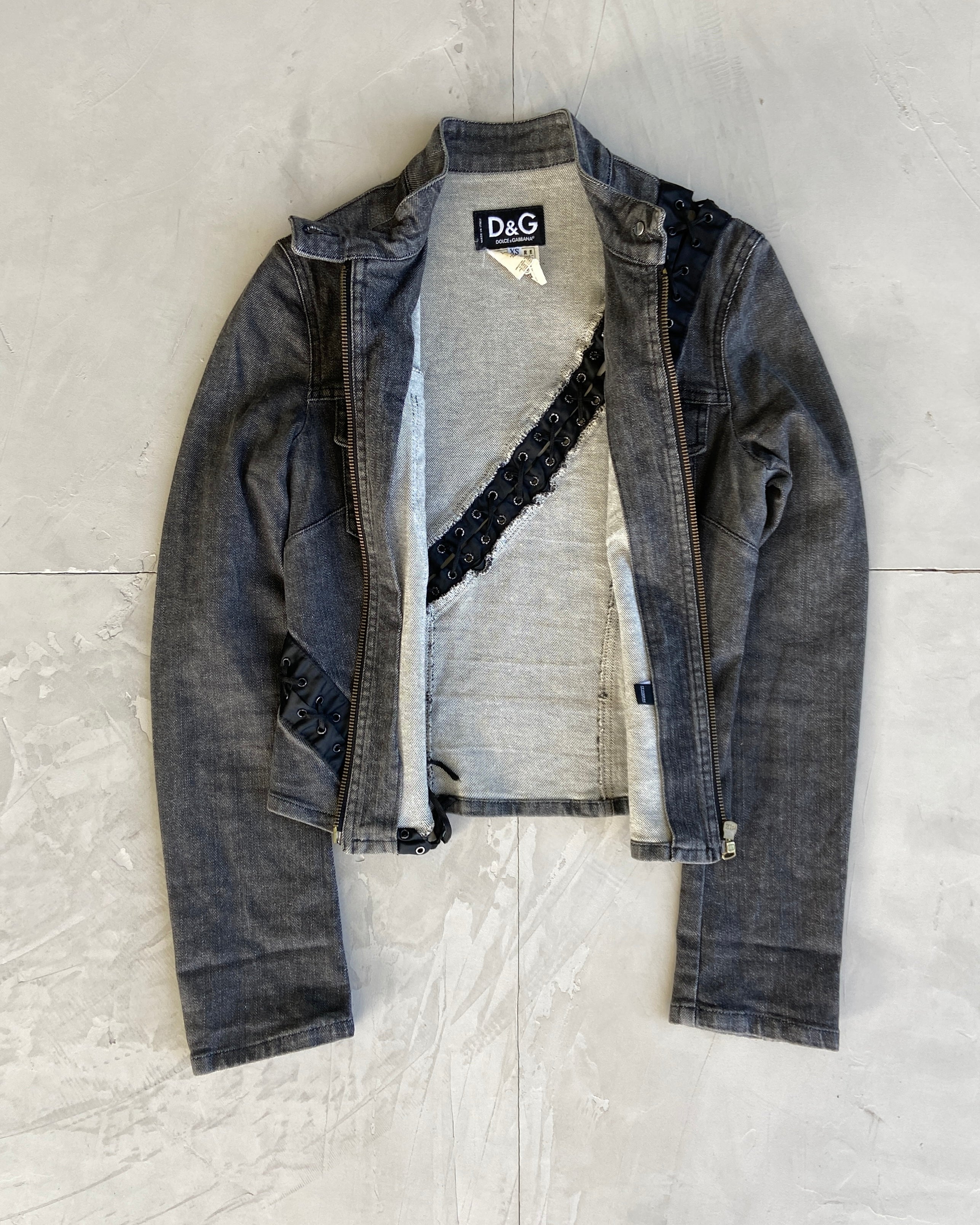 DOLCE AND GABBANA D&G BONDAGE LACE CUT OUT DENIM JACKET - XS