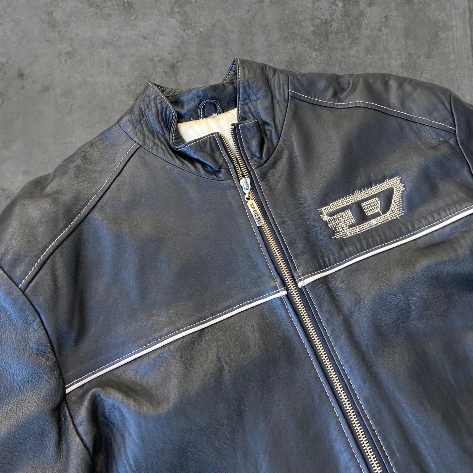 DIESEL 'D' BLACK LEATHER JACKET - L
