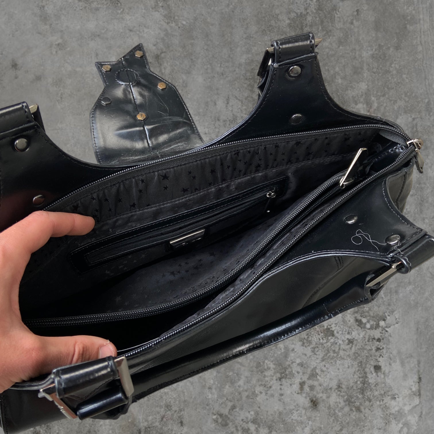 THIERRY MUGLER STRUCTURED LEATHER AND CHROME STAR BAG