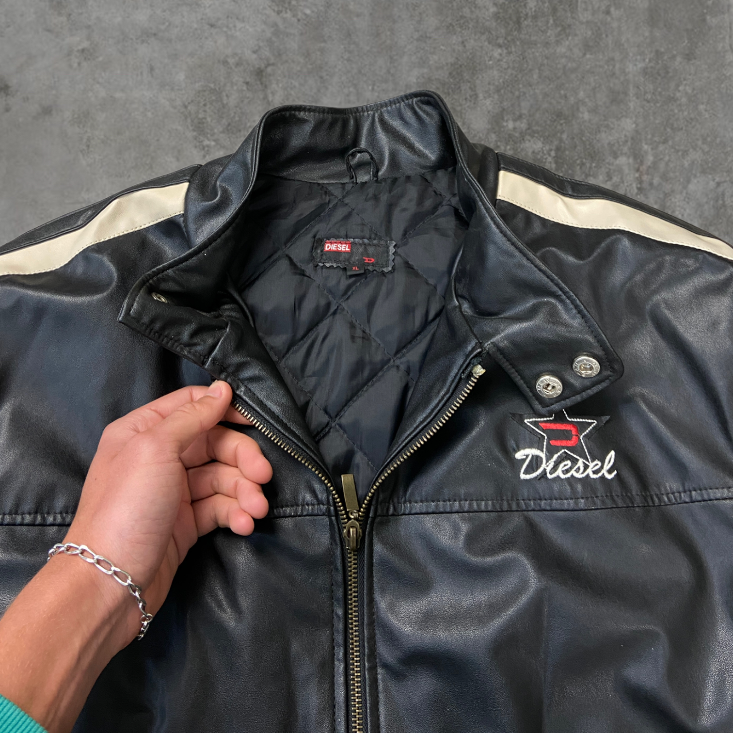DIESEL 'D' BLACK LEATHER JACKET - L