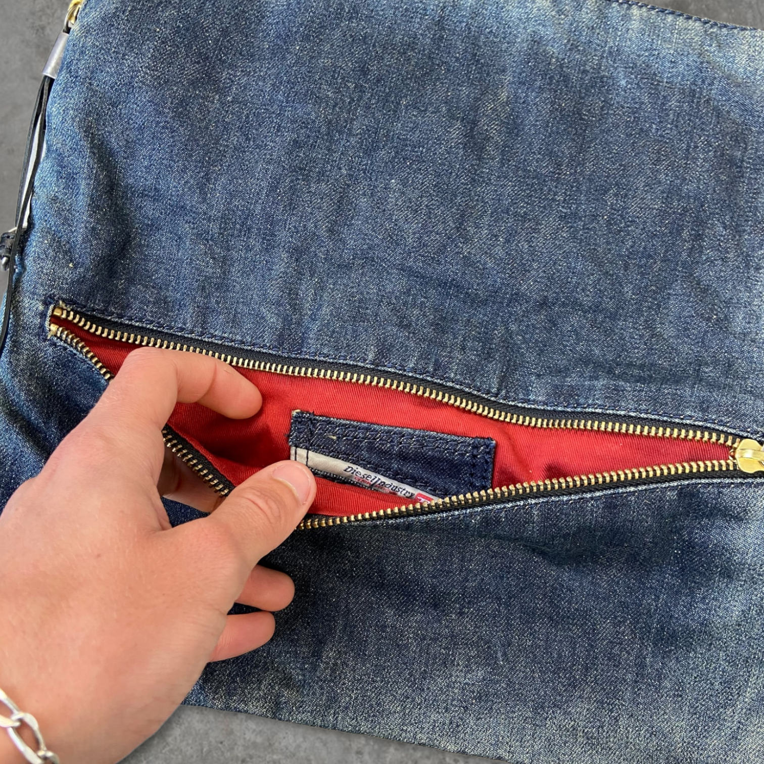 DIESEL STUDDED DENIM SHOULDER BAG