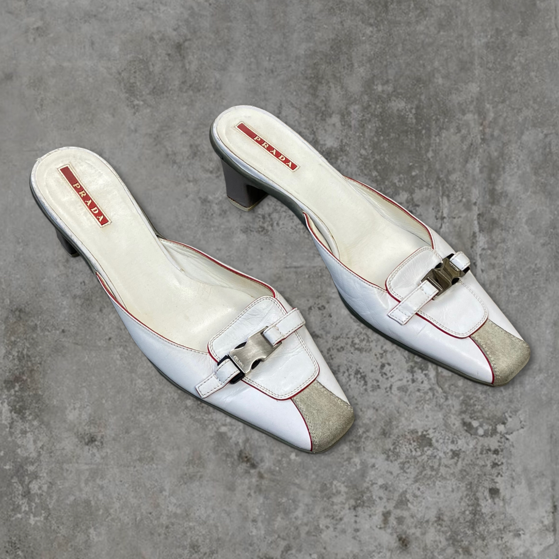 PRADA LEATHER AND SUEDE 'CLIP' KITTEN HEELS - EU 37