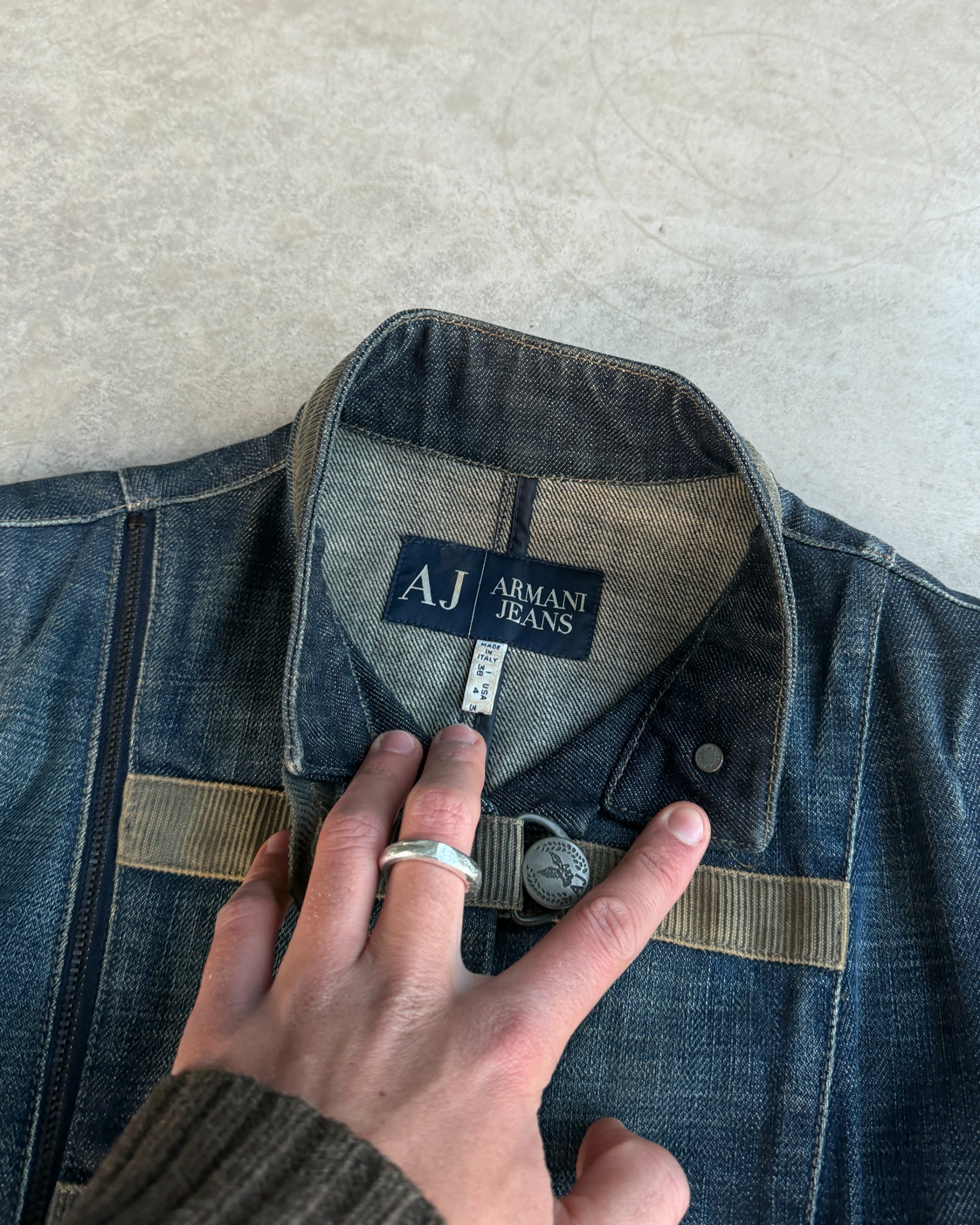 Armani Jeans Denim Military Buckle Jacket – S-on a concrete background