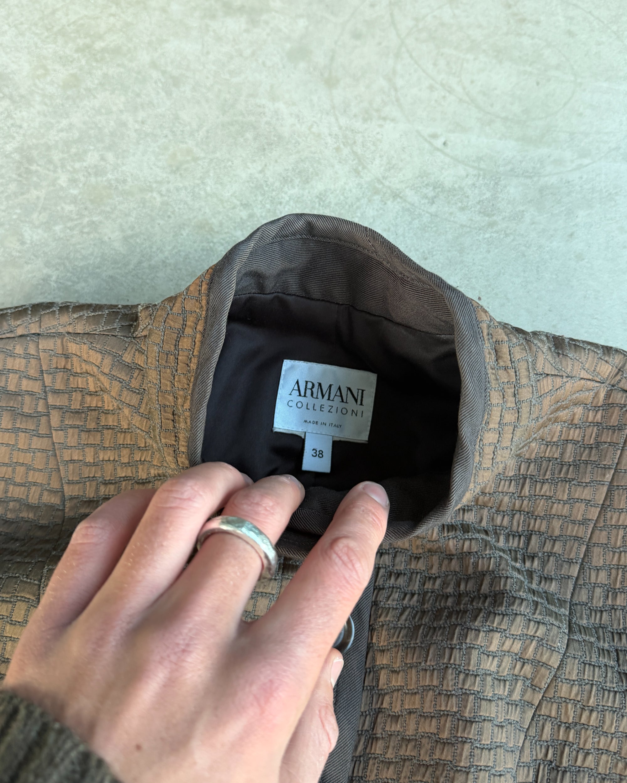 Armani Collezioni Brown Silk Look Jacket – S-on a concrete background