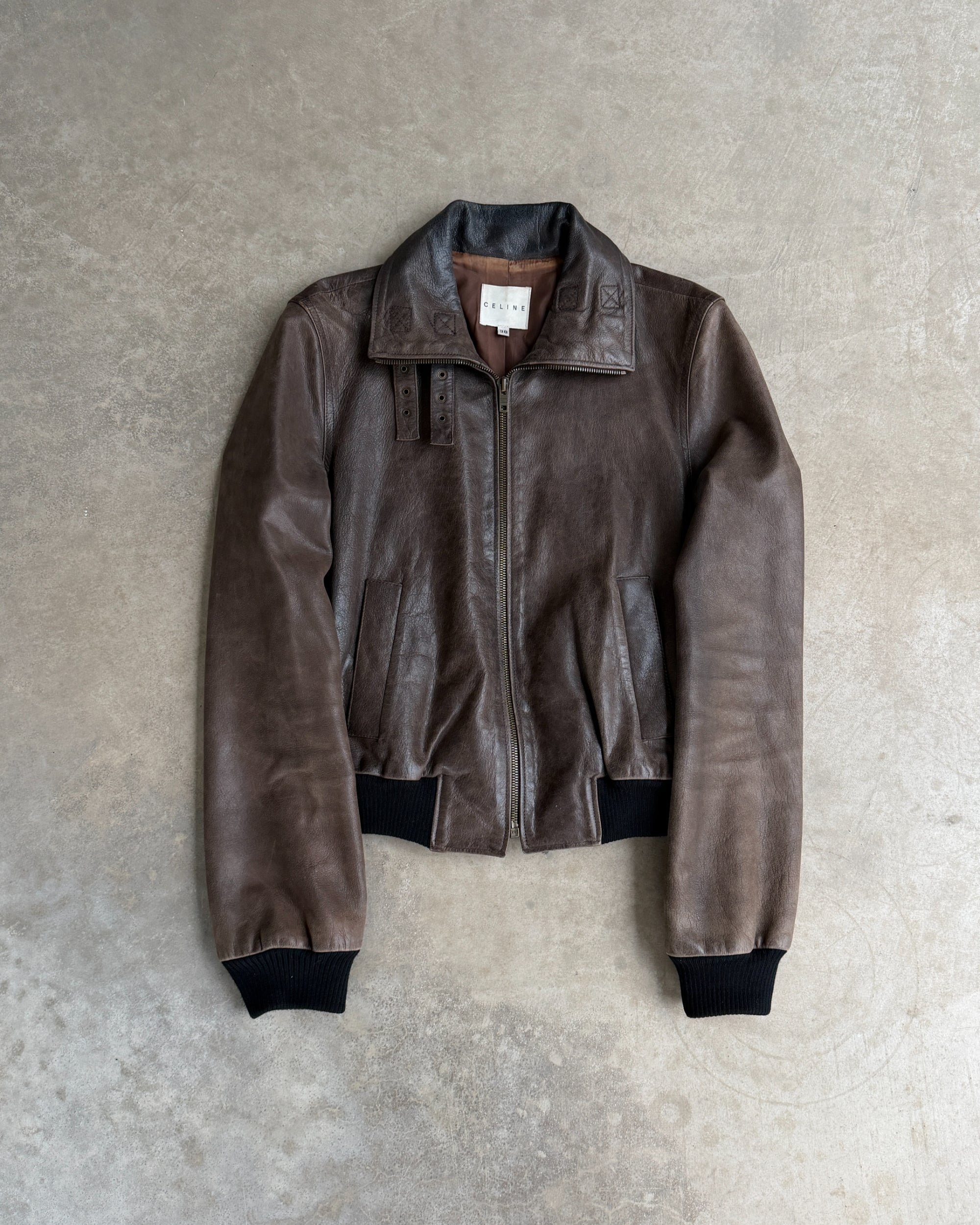 Celine Early 2000s Sheep Leather Bomber Jacket – S-on a concrete background
