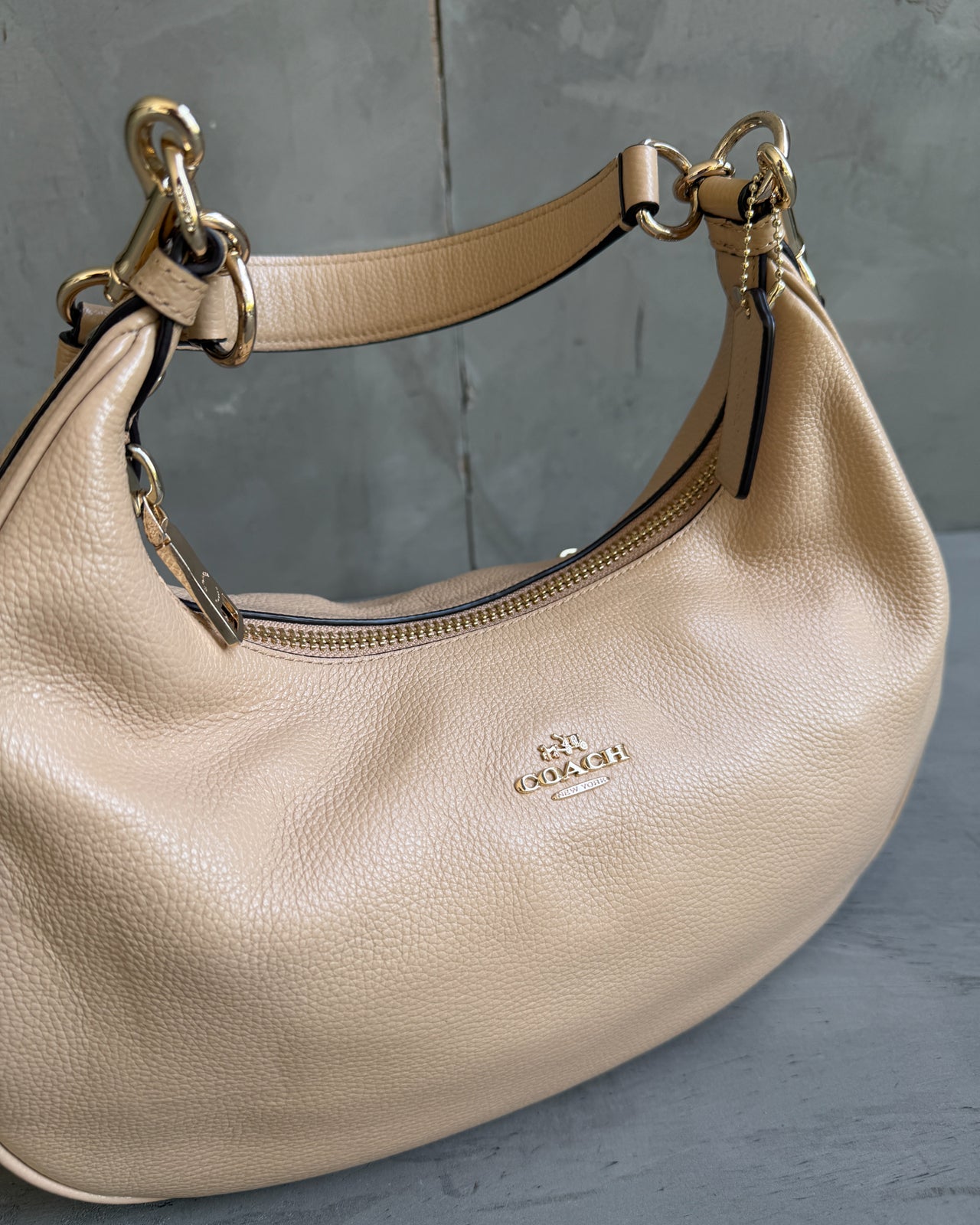 Coach Beige Leather Handbag-on a concrete background