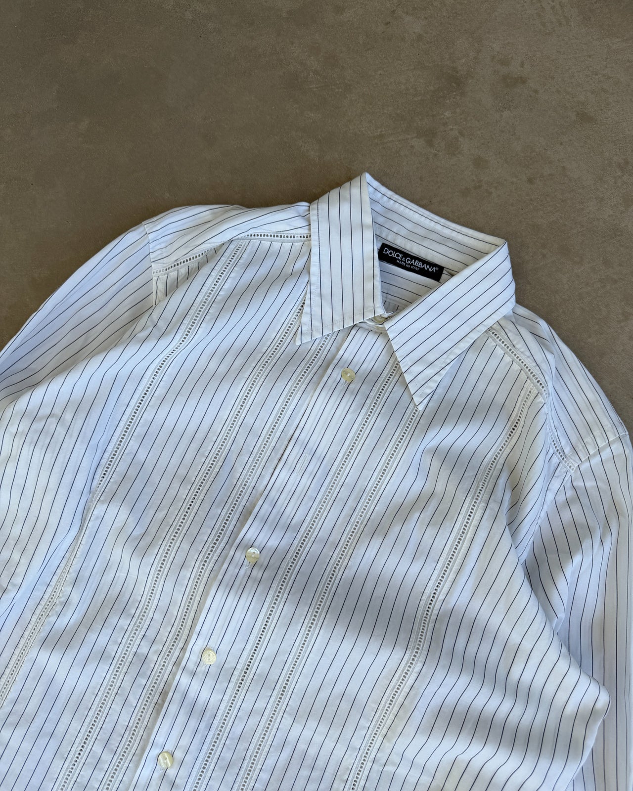 Dolce & Gabbana White Blue Striped Cotton Shirt – M-on a concrete background