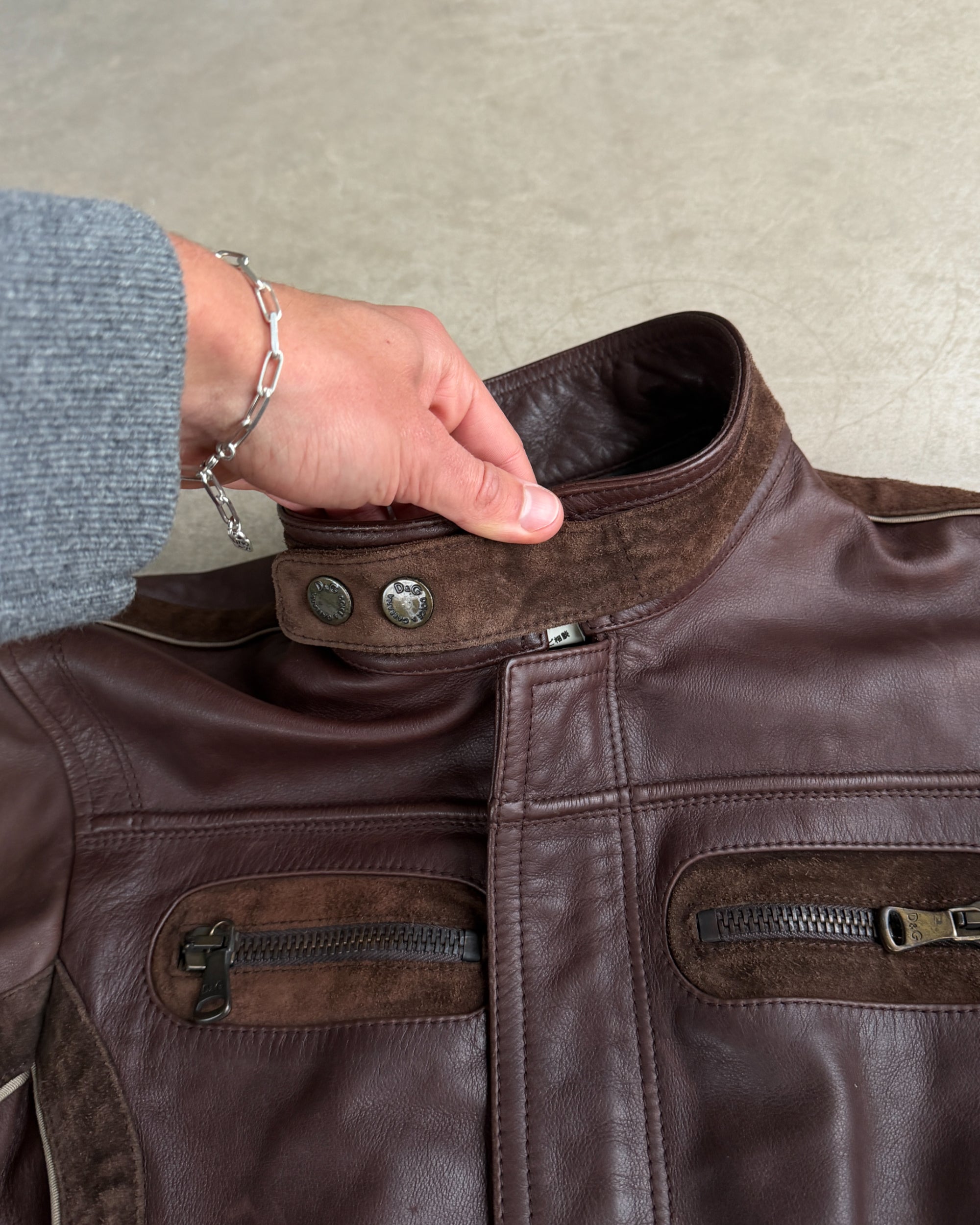 Dolce and Gabbana D&G Leather and Suede Riders Jacket – M-on a concrete background