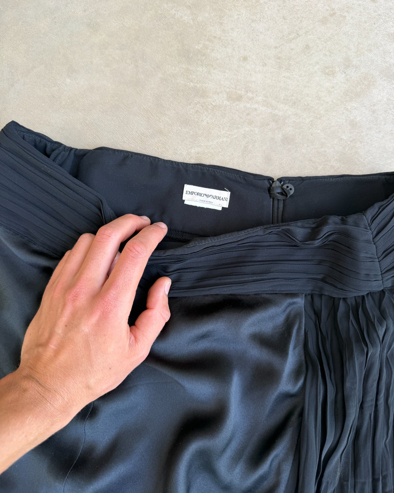 Emporio Armani Silk Ruffle Waist Midi Skirt – M-on a concrete background