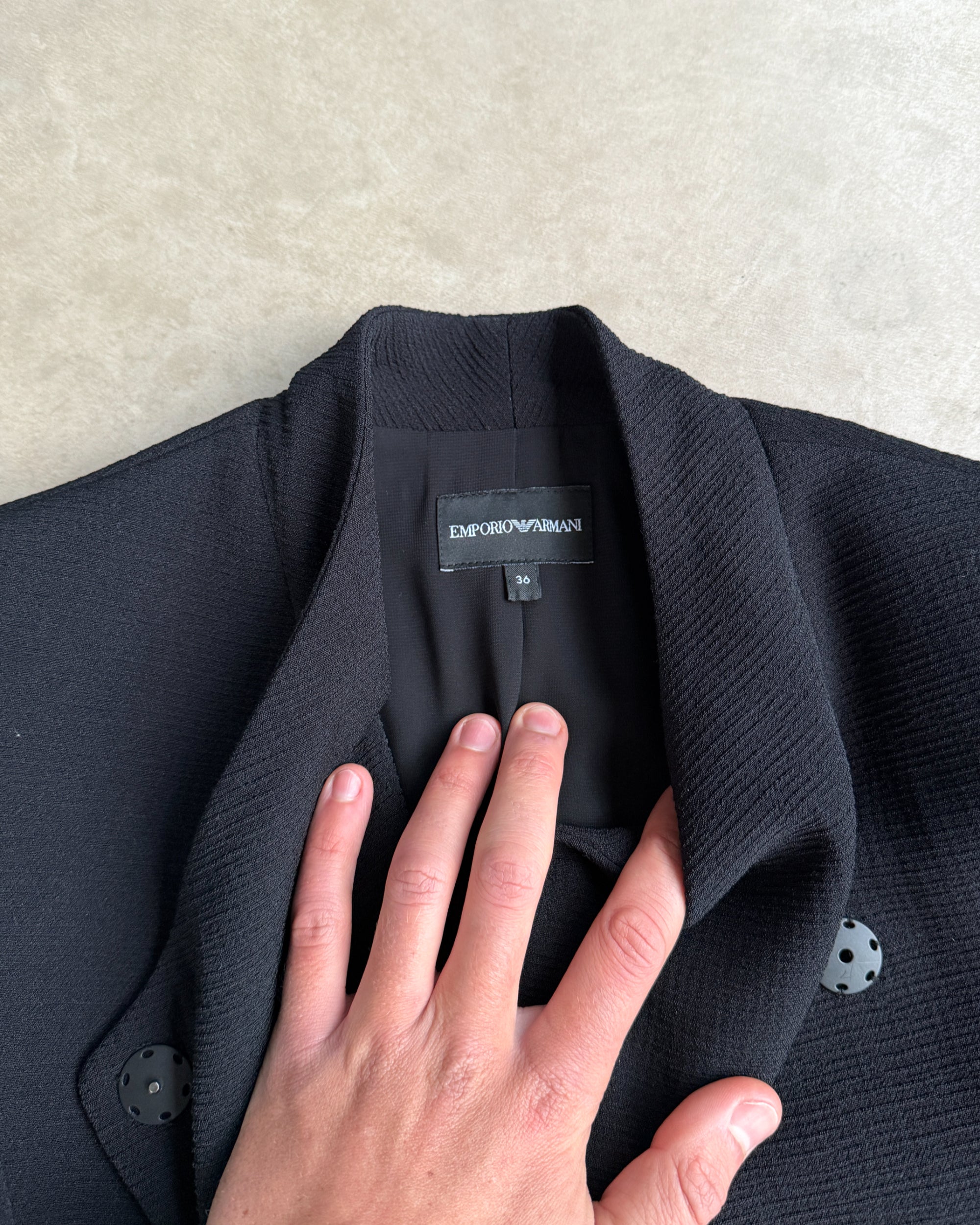 Emporio Armani 2020 Asymmetric Tie-Up Blazer – XS-on a concrete background