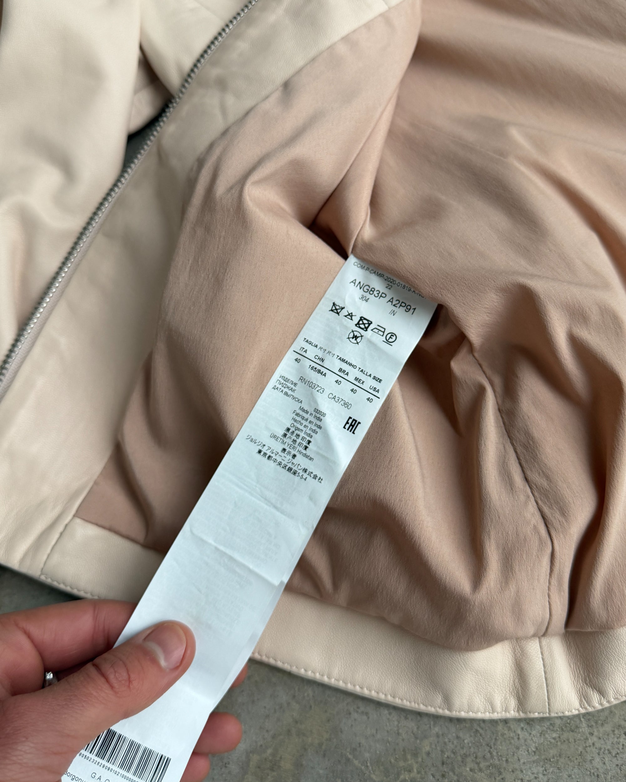 Emporio Armani Pink Lamb Leather Jacket – S-on a concrete background
