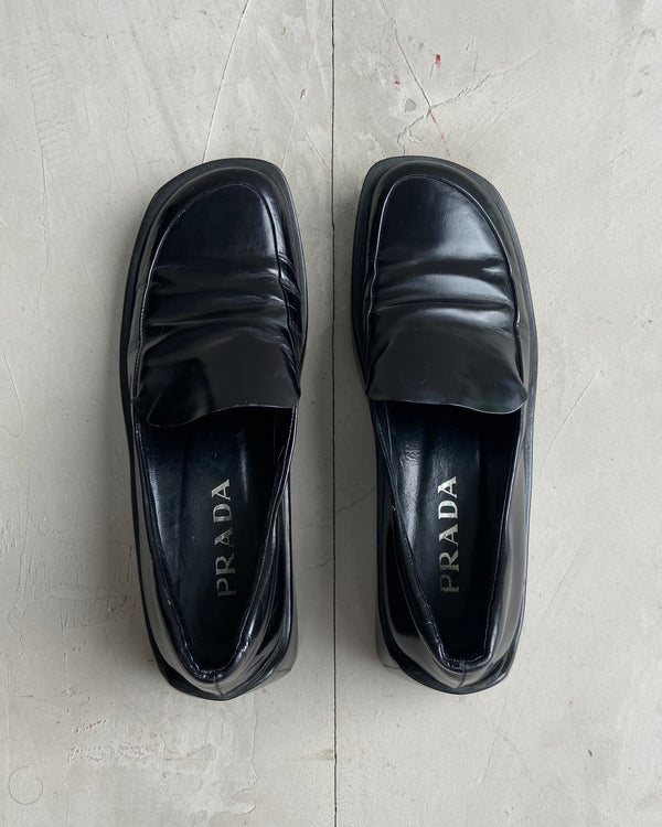 PRADA SS99 BLACK LEATHER SQUARE TOE LOAFERS - EU 37.5 / UK 4.5