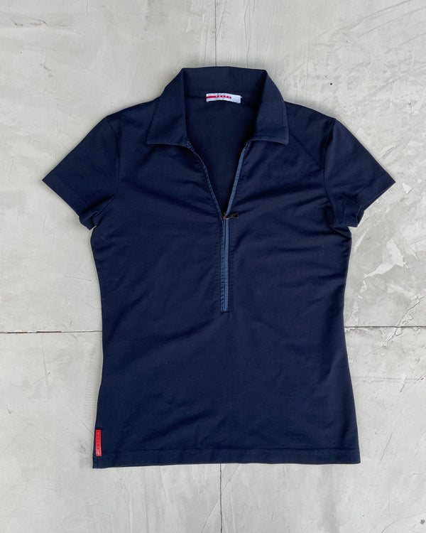 PRADA SPORT 2000'S NAVY NYLON COLLARED TOP - S