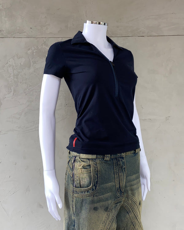 PRADA SPORT 2000'S NAVY NYLON COLLARED TOP - S