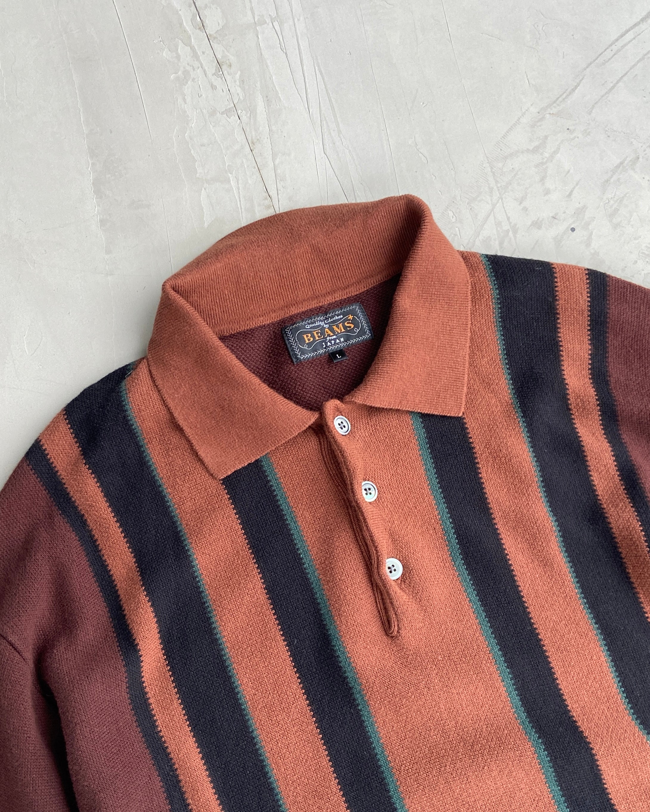 BEAMS JAPAN STRIPED LONG SLEEVE POLO TOP - L