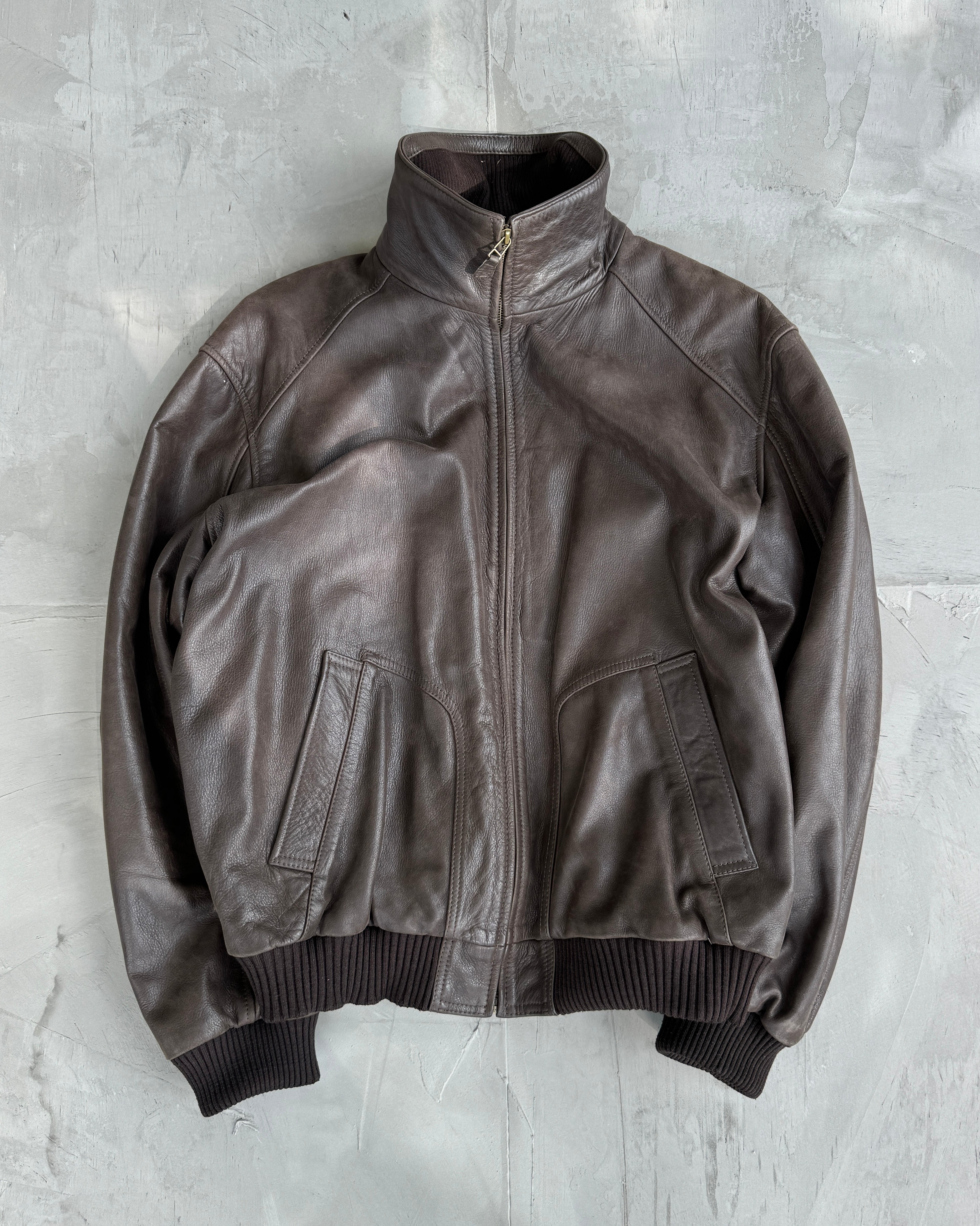 90's Brown High Collar Leather Jacket - L