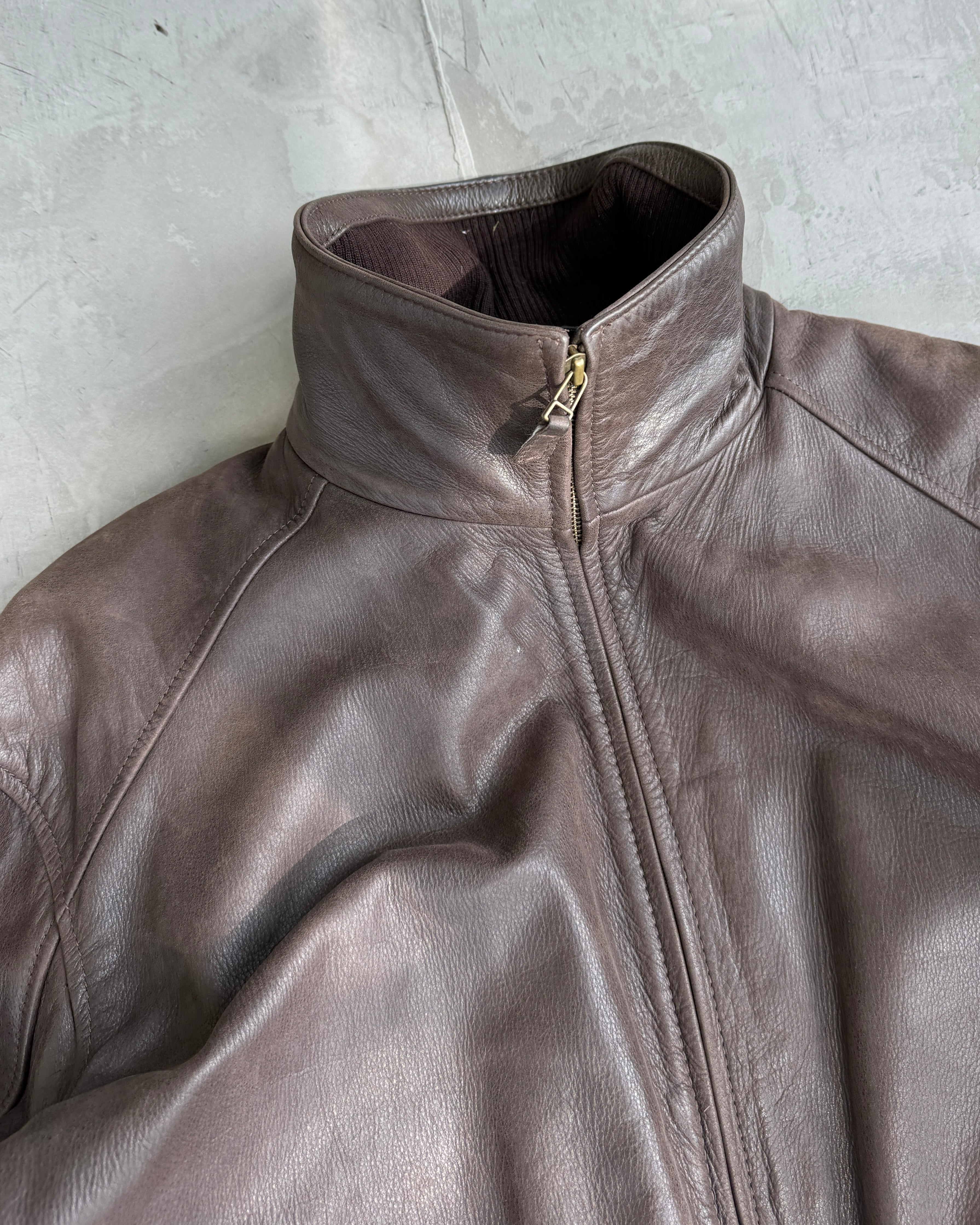 90's Brown High Collar Leather Jacket - L