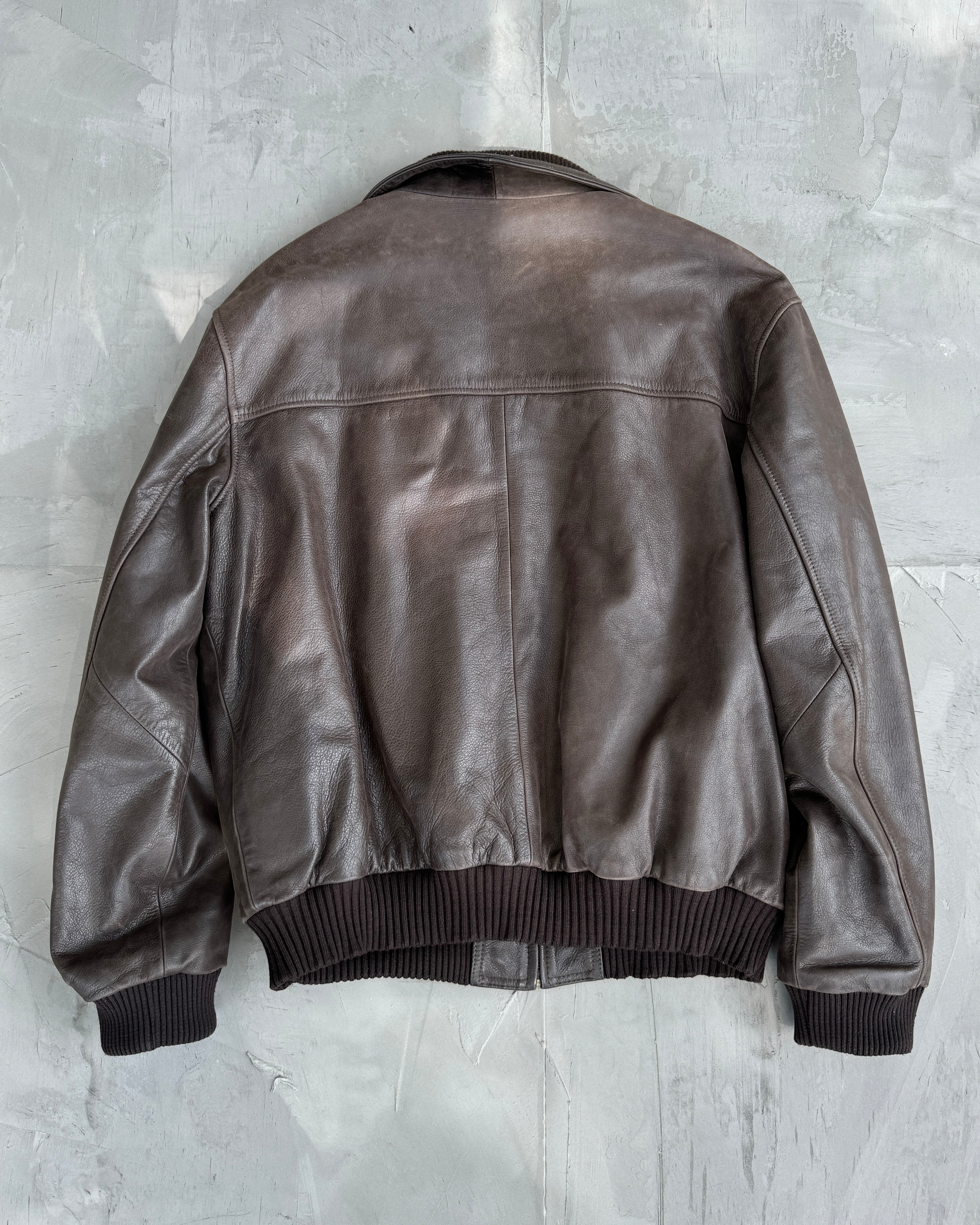 90's Brown High Collar Leather Jacket - L