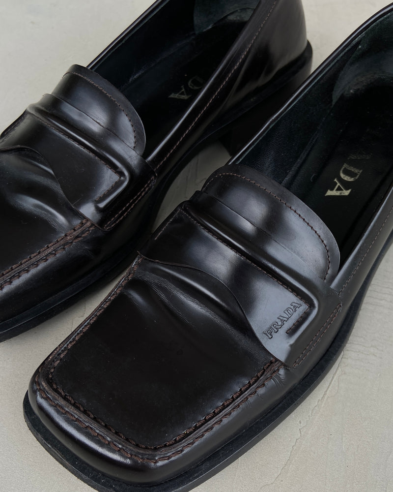 PRADA 90'S SQUARE TOE LEATHER LOAFERS - EU 38 / UK 5