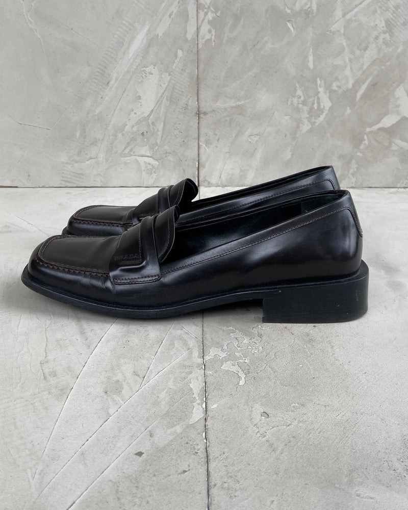 PRADA 90'S SQUARE TOE LEATHER LOAFERS - EU 38 / UK 5