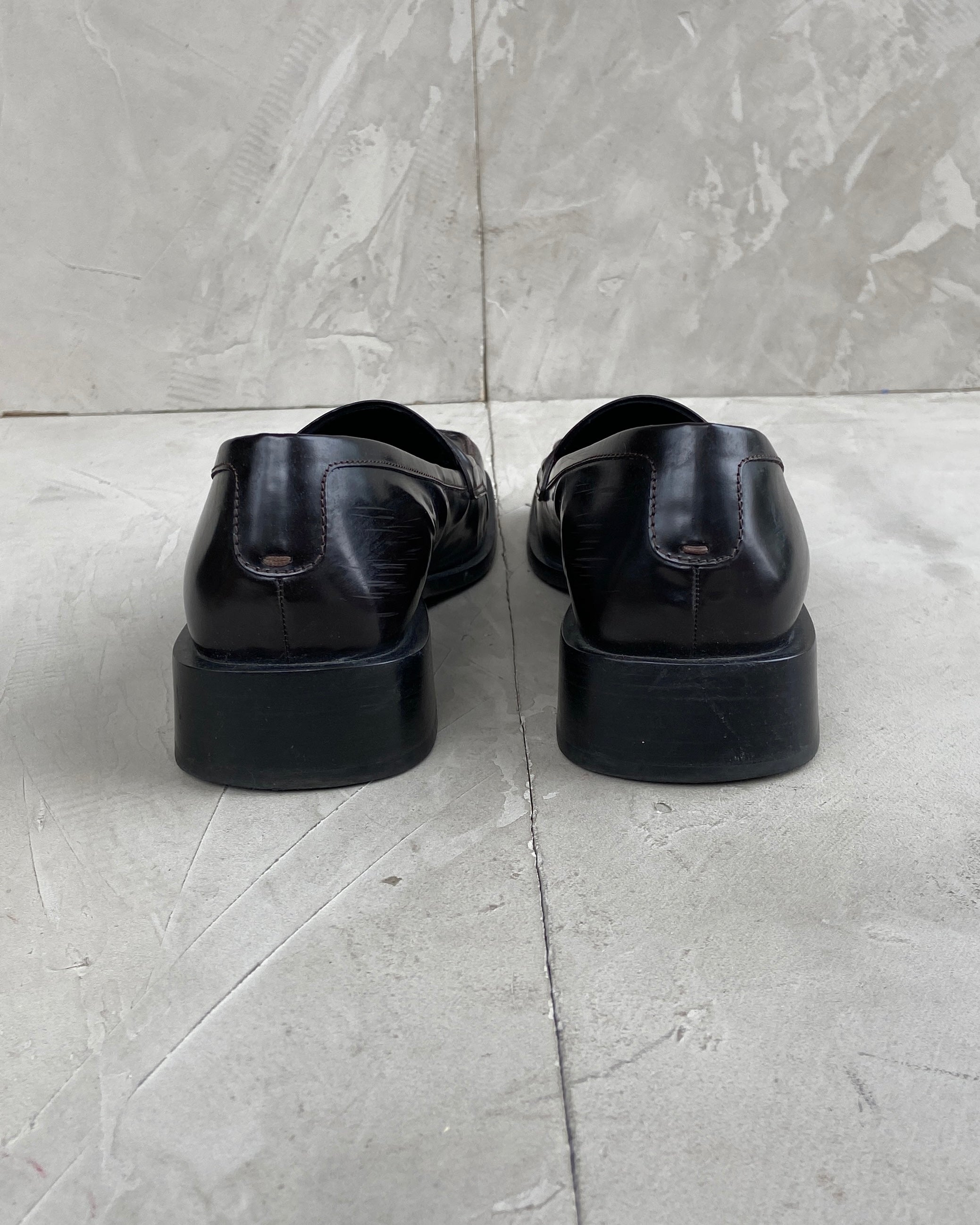 PRADA 90'S SQUARE TOE LEATHER LOAFERS - EU 38 / UK 5