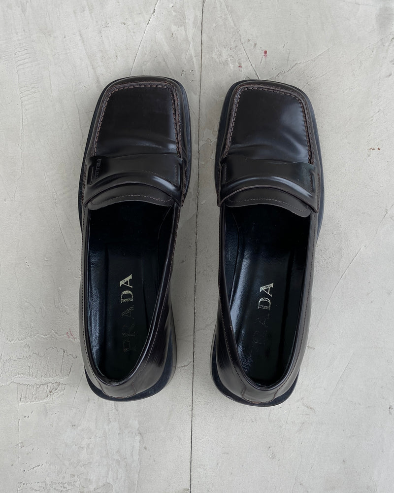 PRADA 90'S SQUARE TOE LEATHER LOAFERS - EU 38 / UK 5