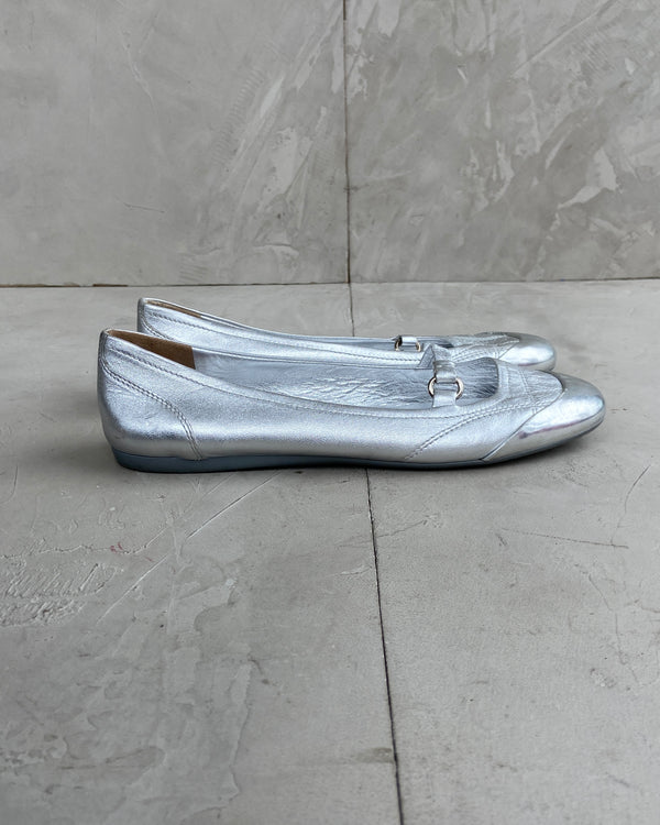 PRADA 2000'S SILVER METALLIC BALLET FLATS - EU 38 / UK 5