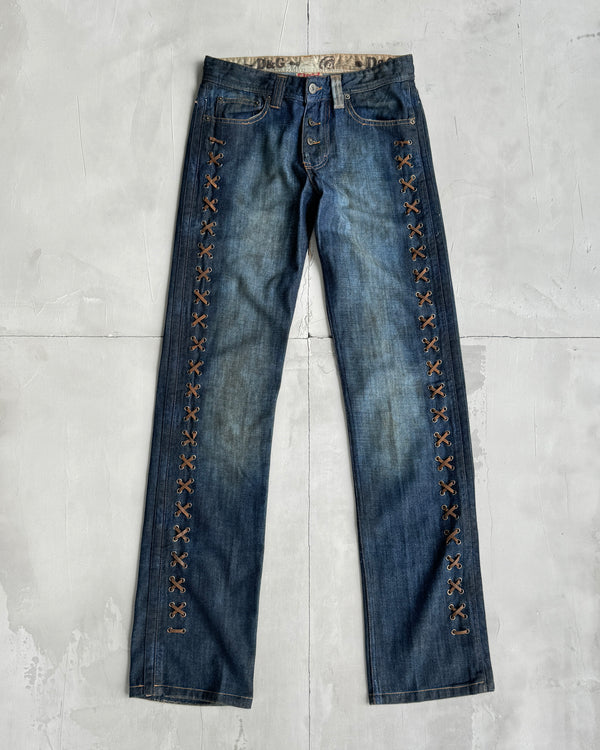 DOLCE & GABBANA D&G LEATHER LACE UP LOW RISE DENIM JEANS - M