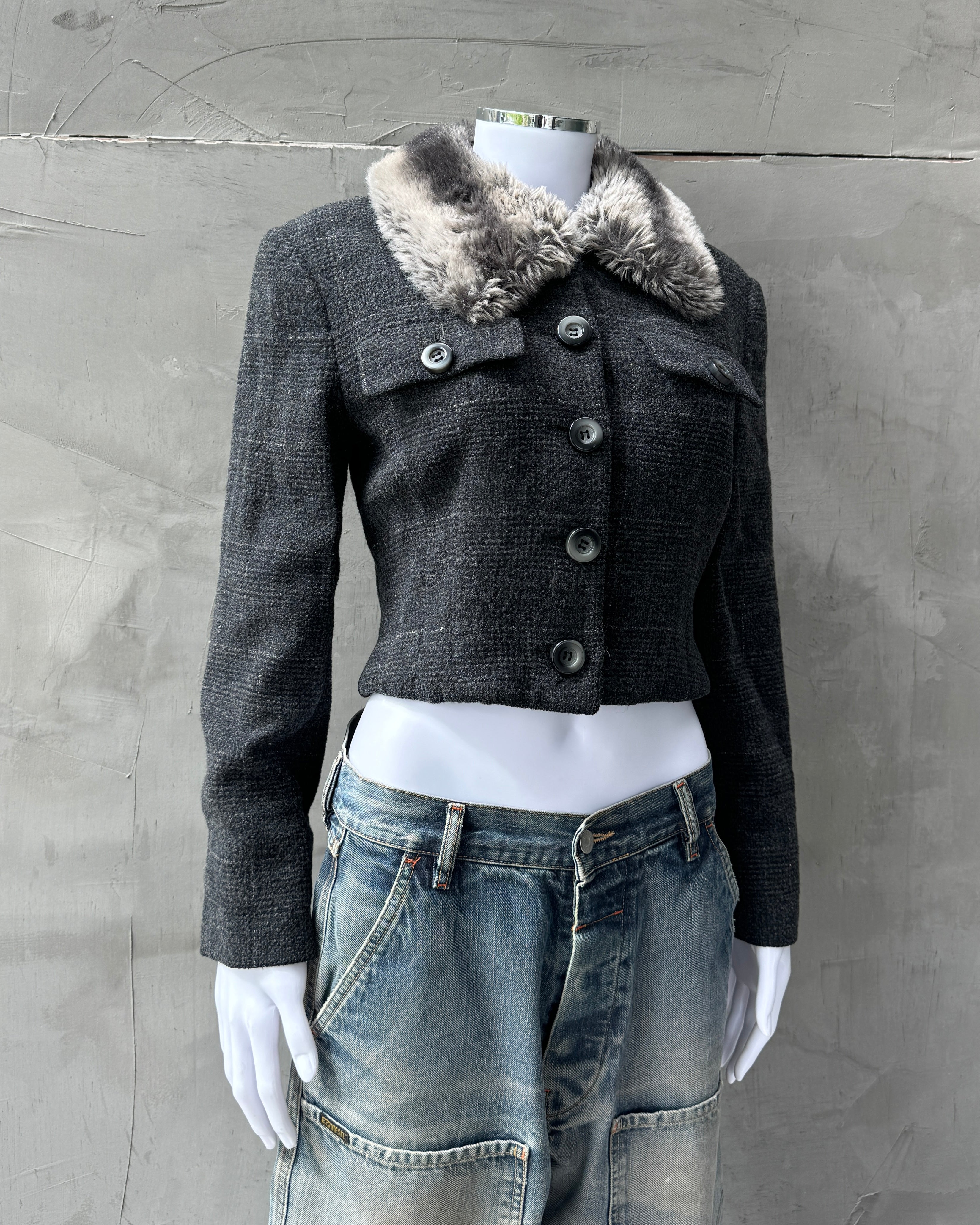 SPORTMAX 90'S WOOL & FAUX FUR CROPPED JACKET - M