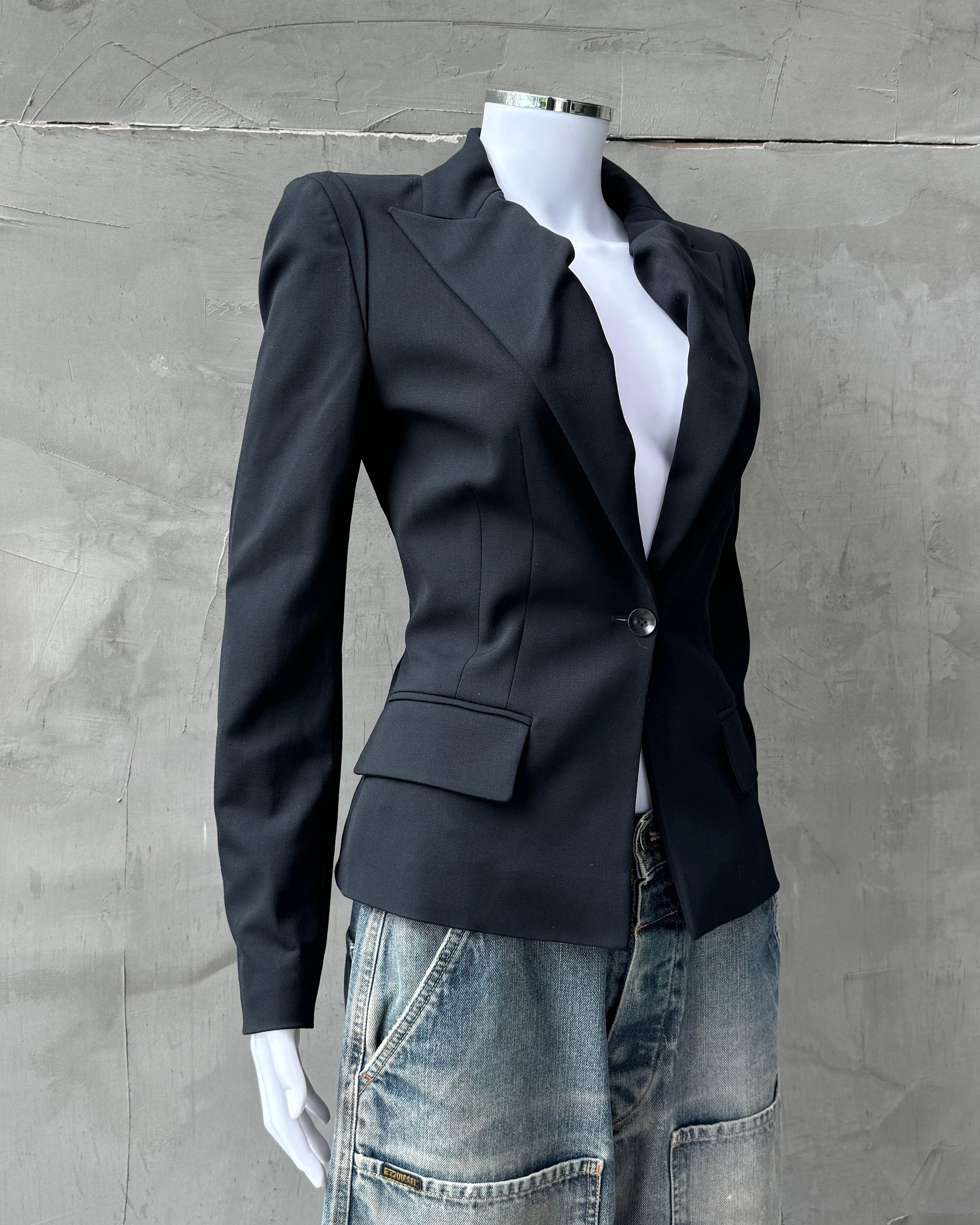 PLEIN SUD FAYCAL AMOR 90'S PEAK LAPEL BLACK BLAZER - S/M