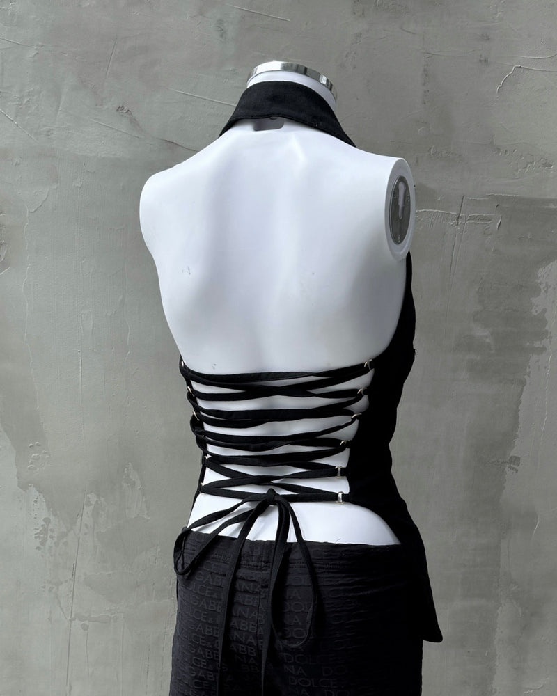 PACO RABANNE LACE UP BACKLESS COLLARED TOP