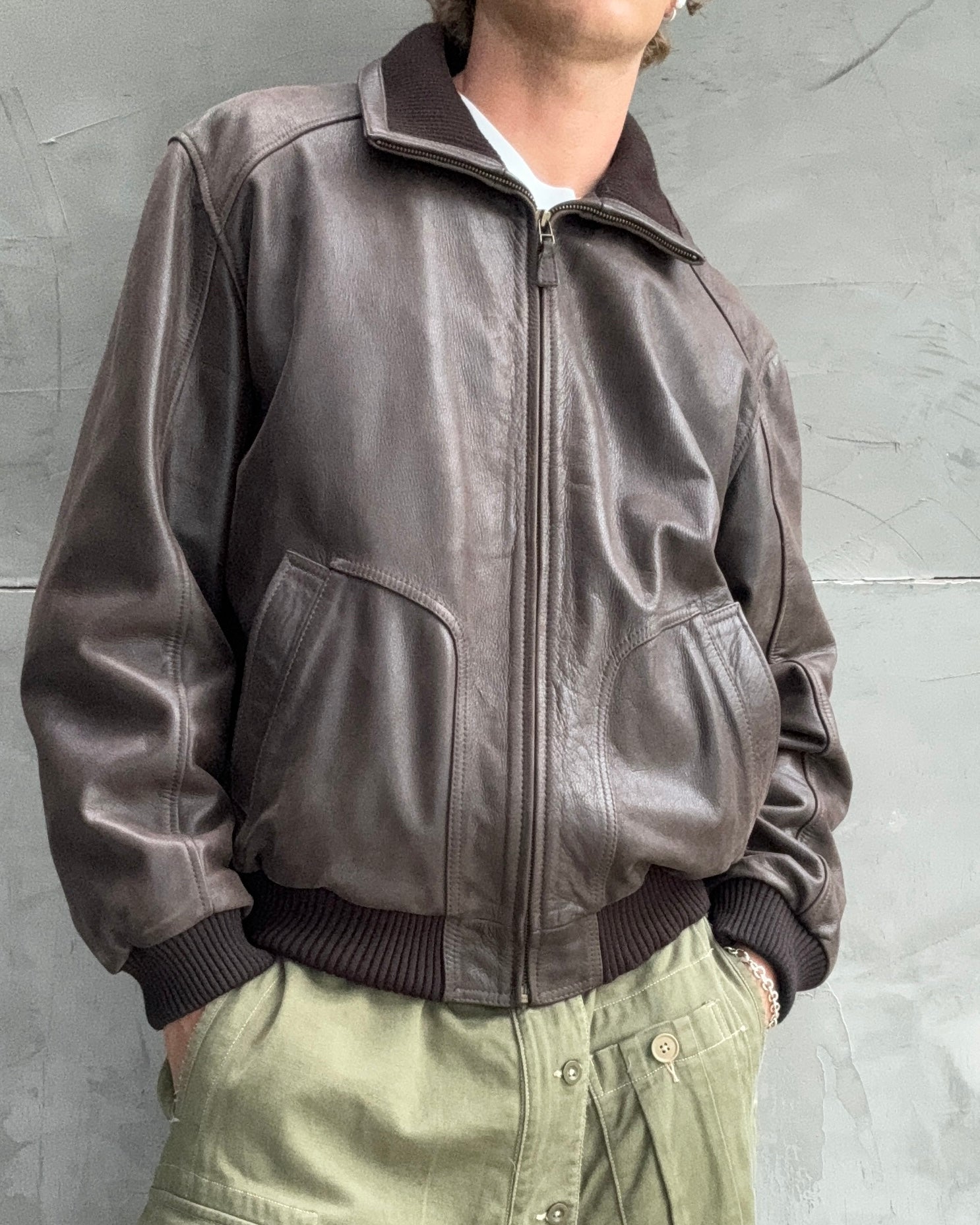 90's Brown High Collar Leather Jacket - L