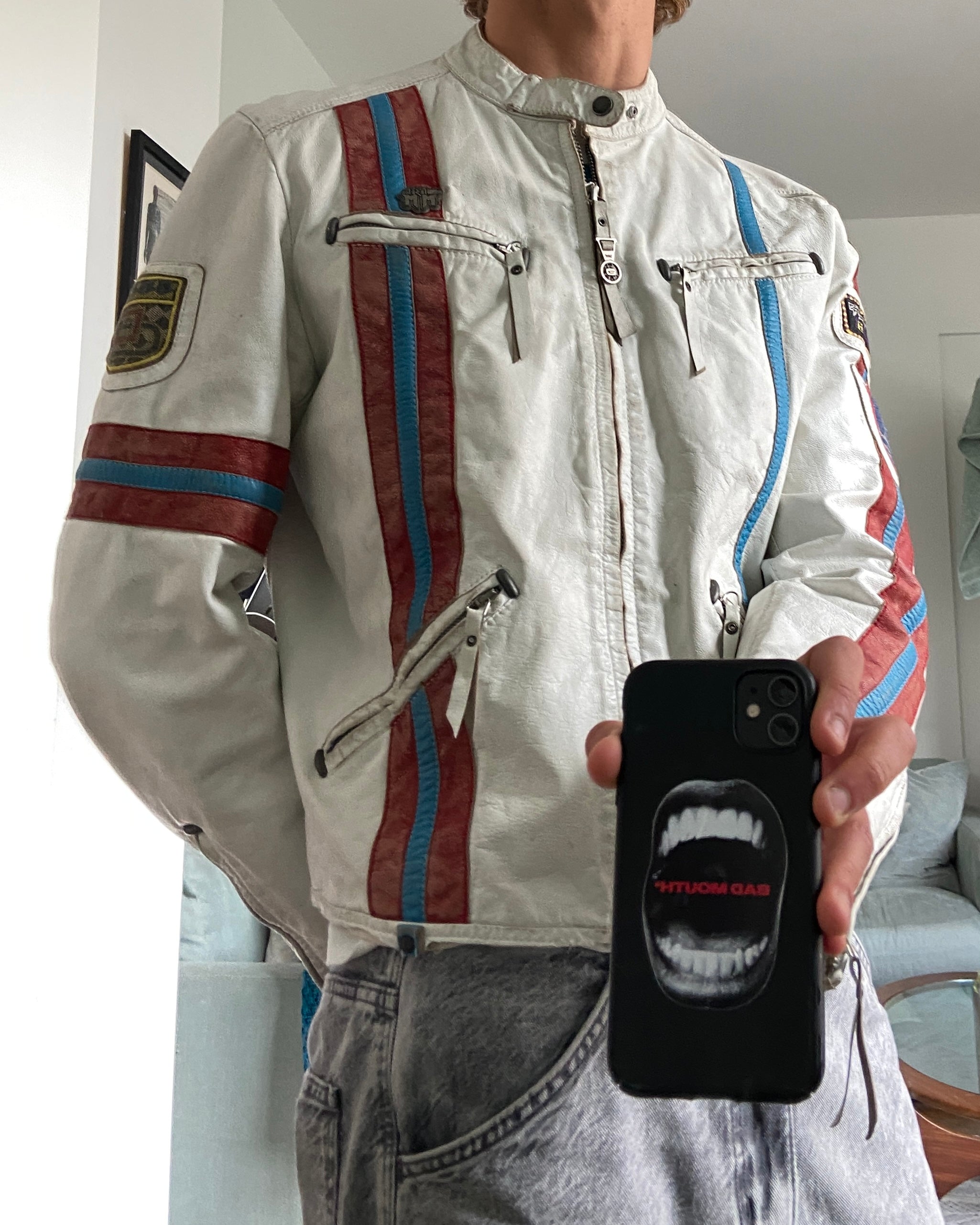 DIESEL 2000'S WHITE LEATHER RACER JACKET - M