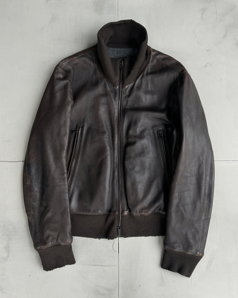 PRADA FW03 BROWN LEATHER JACKET WITH WOOL COLLAR