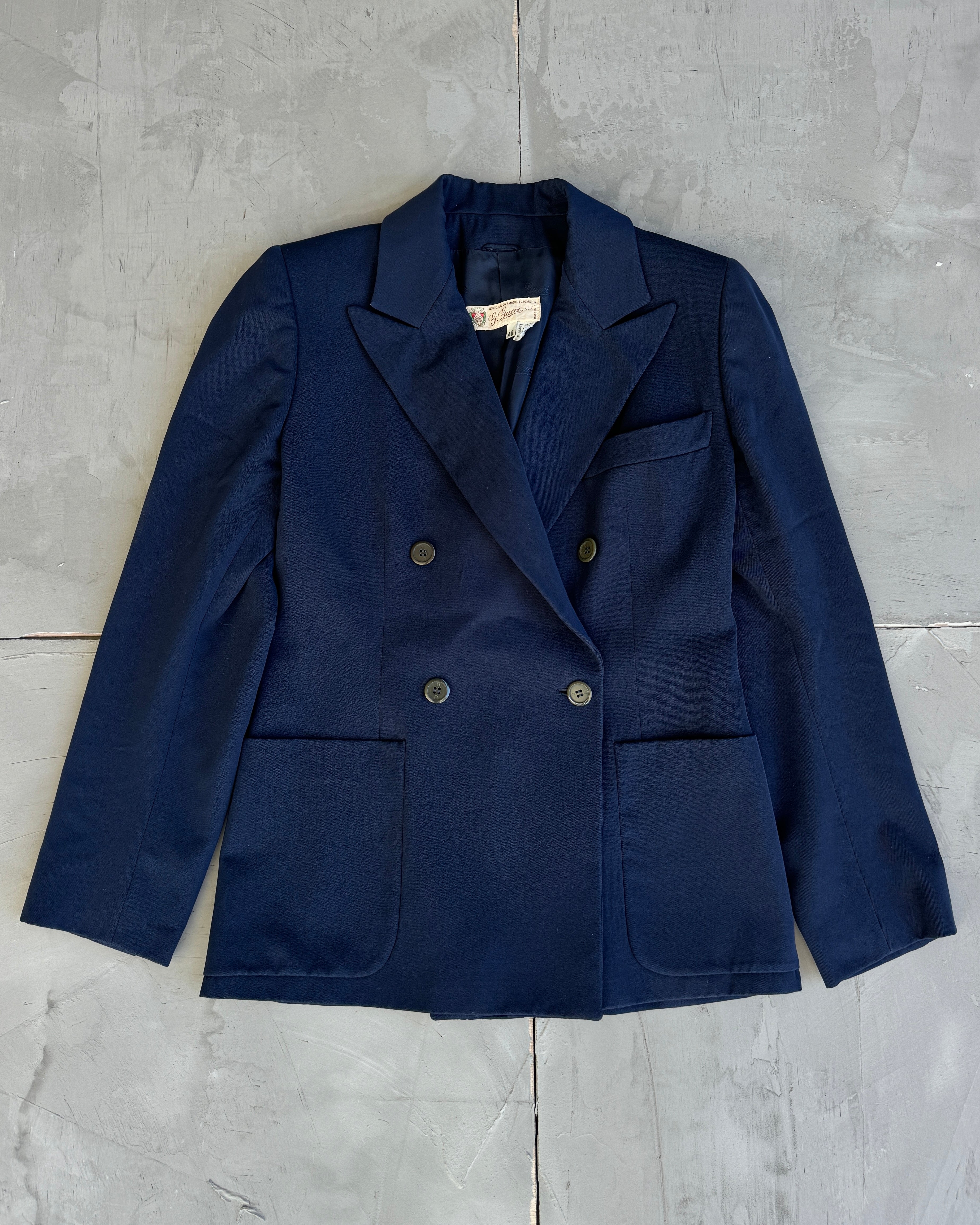 70's Gucci Wool Navy Blazer with Peak Lapels - S