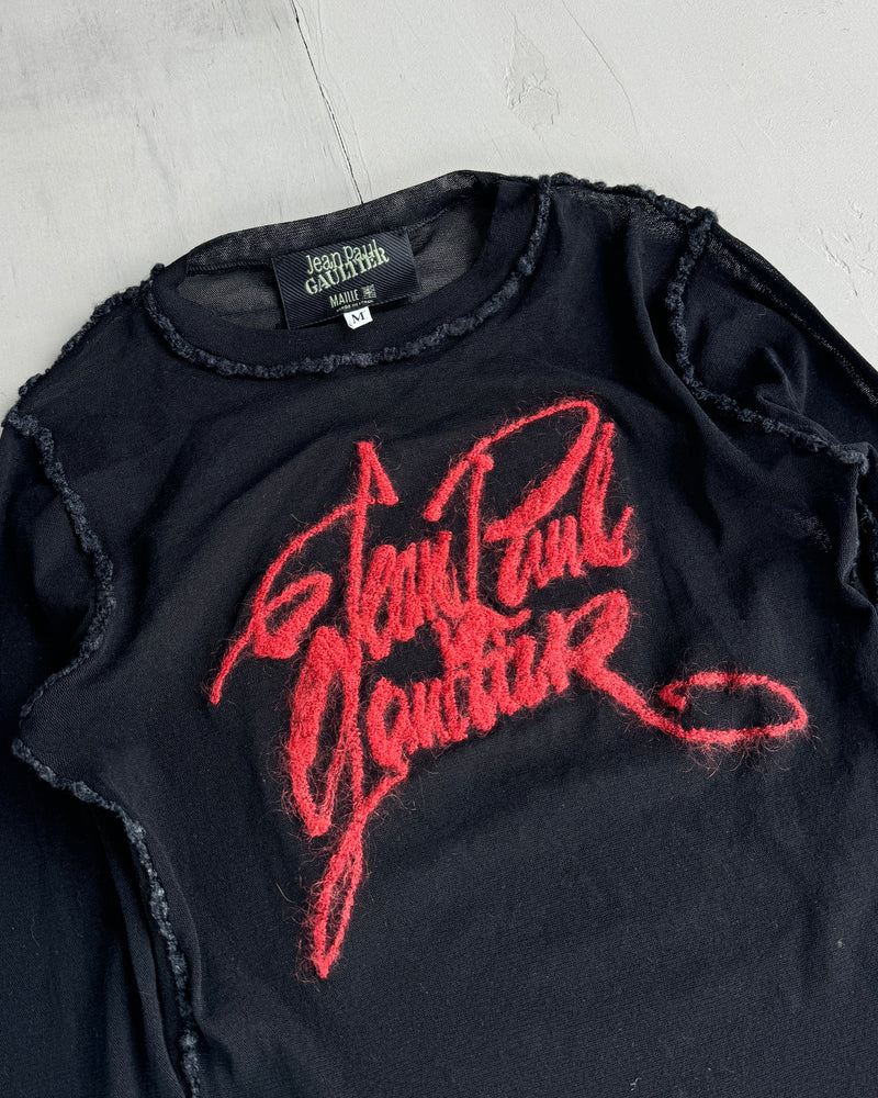 JEAN PAUL GAULTIER 1990'S MOHAIR LOGO MESH TOP - M