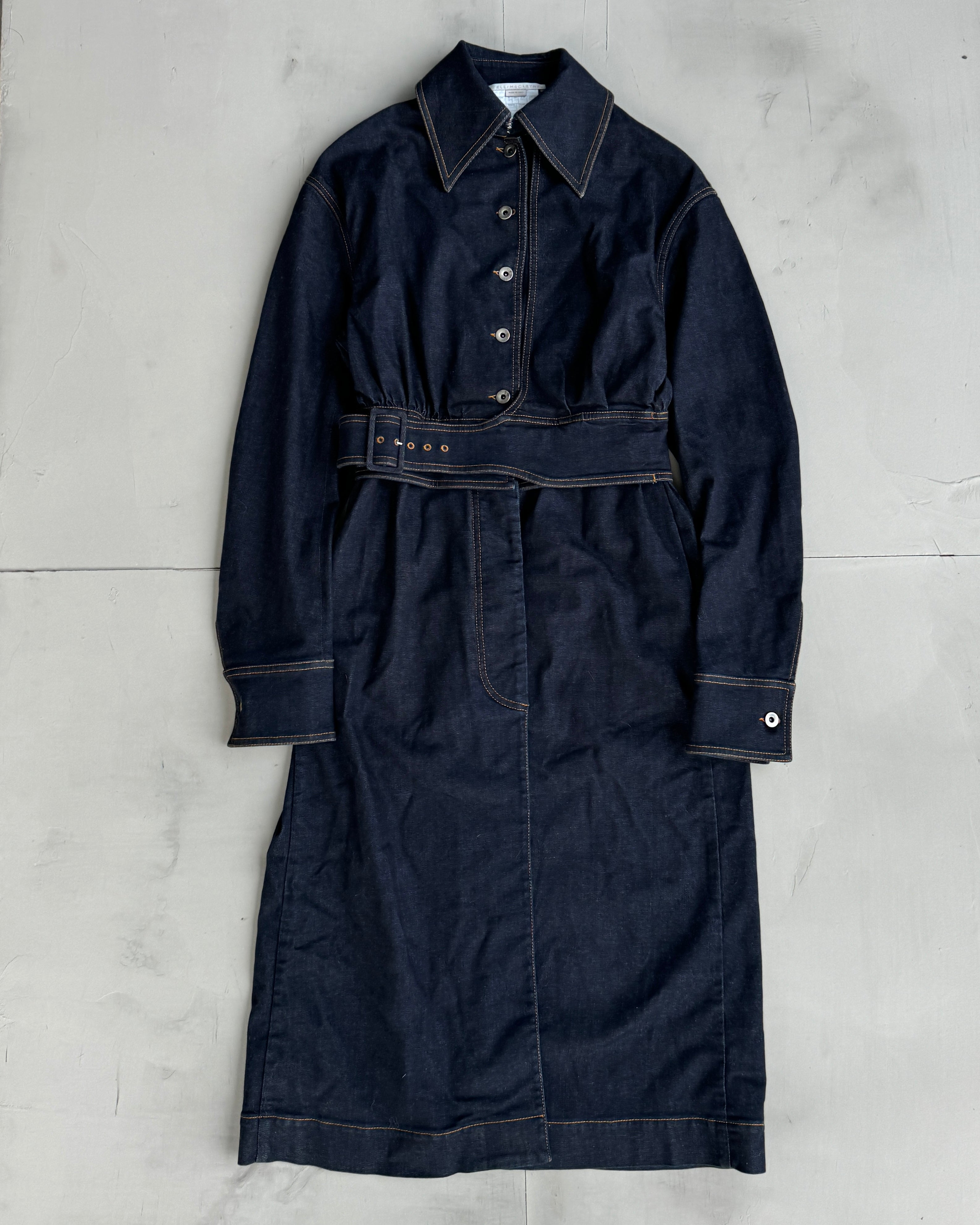 STELLA MCCARTNEY 2017 ASYMMETRIC BELTED DENIM COAT - S/M
