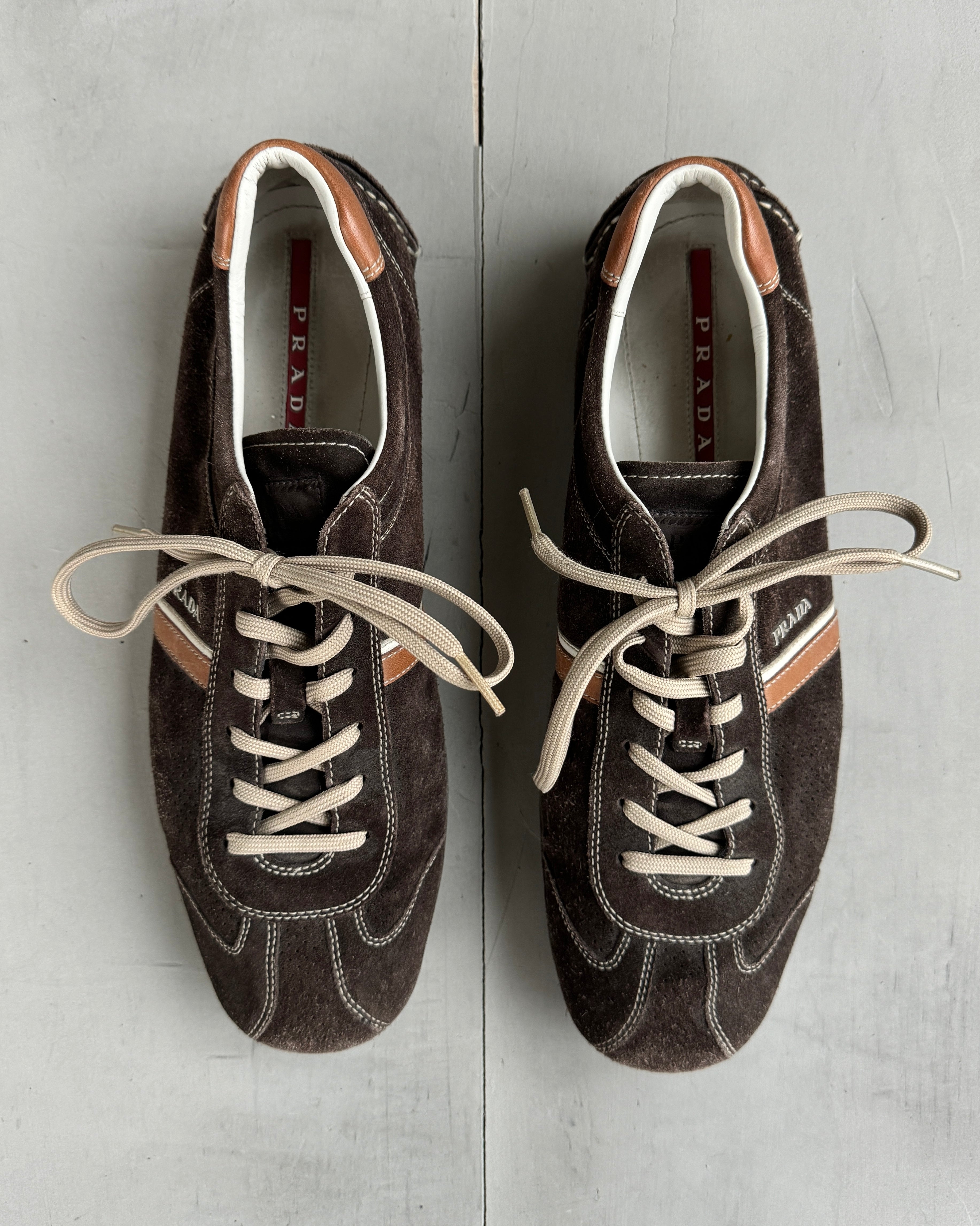 PRADA EARLY-2000'S BROWN LOW PROFILE SUEDE TRAINERS - UK 10