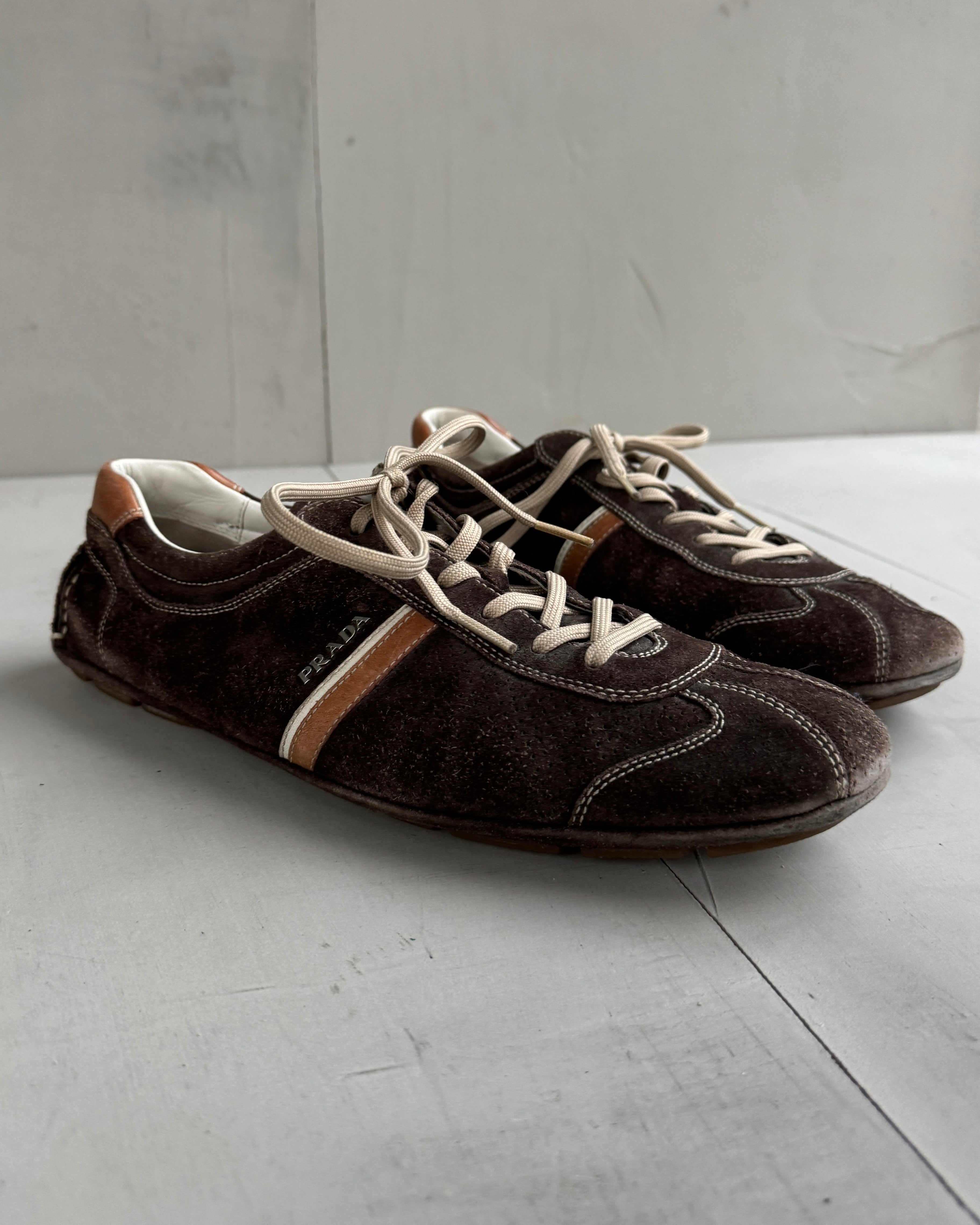PRADA EARLY-2000'S BROWN LOW PROFILE SUEDE TRAINERS - UK 10