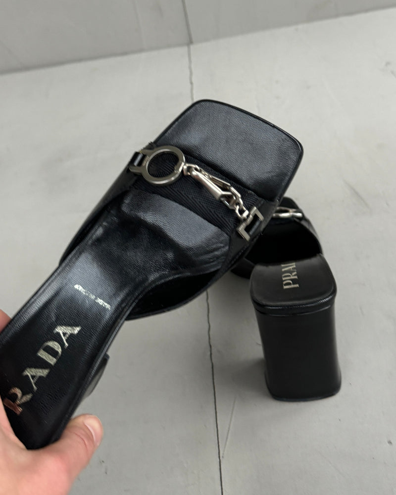 PRADA BLOCK HEEL BUCKLED MULES - EU 37