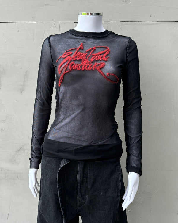 JEAN PAUL GAULTIER 1990'S MOHAIR LOGO MESH TOP - M