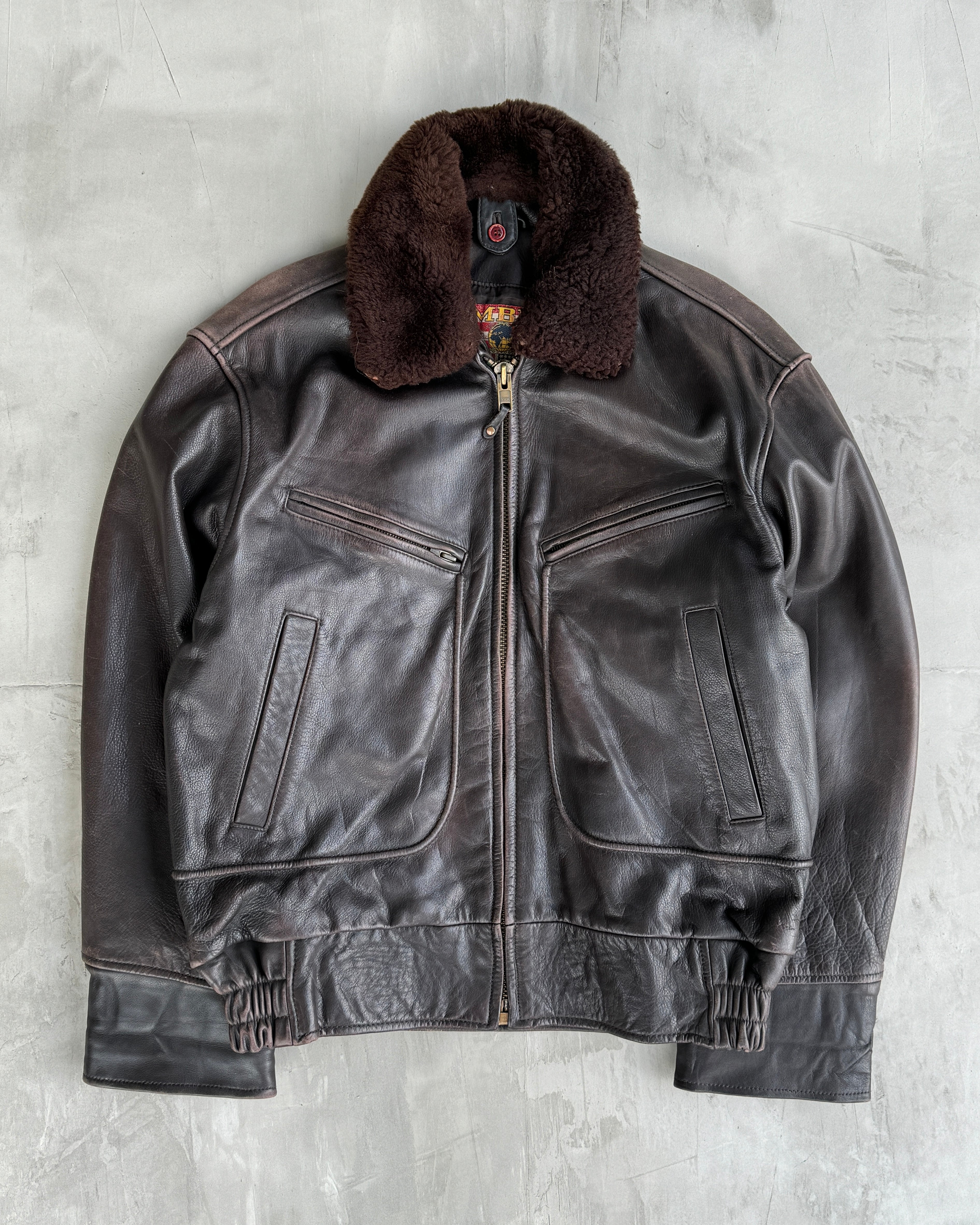 80'S BOMBERS' BROWN LEATHER JACKET WITH DETACHABLE FUR COLLAR - L