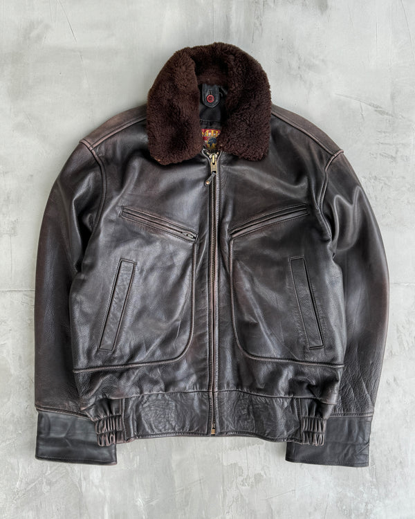 80'S BOMBERS' BROWN LEATHER JACKET WITH DETACHABLE FUR COLLAR - L