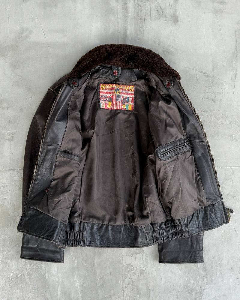 80'S BOMBERS' BROWN LEATHER JACKET WITH DETACHABLE FUR COLLAR - L