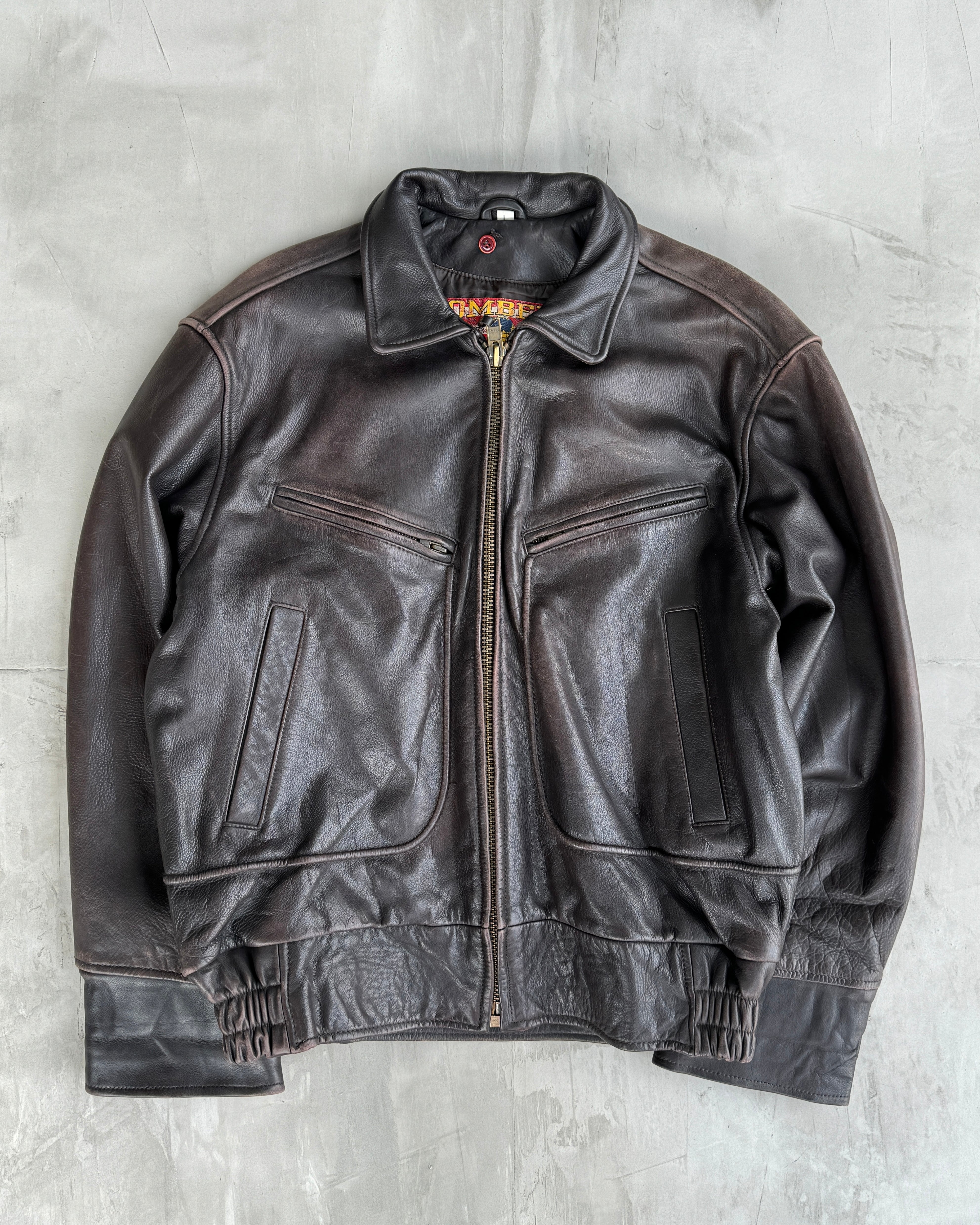 80'S BOMBERS' BROWN LEATHER JACKET WITH DETACHABLE FUR COLLAR - L