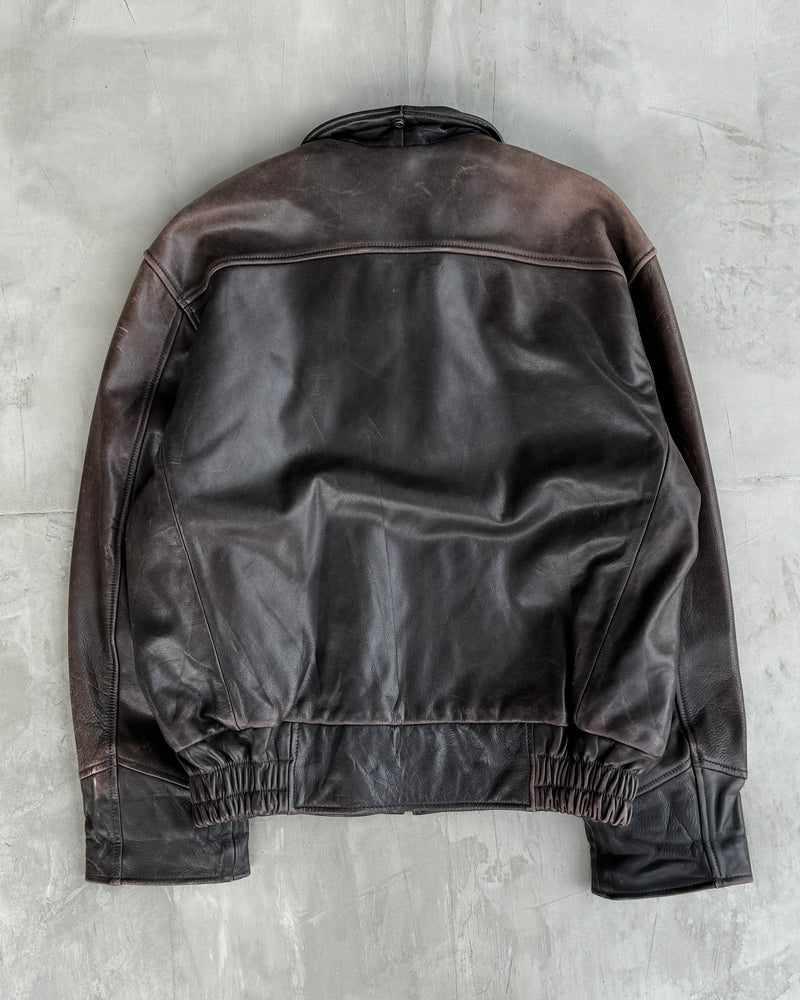 80'S BOMBERS' BROWN LEATHER JACKET WITH DETACHABLE FUR COLLAR - L