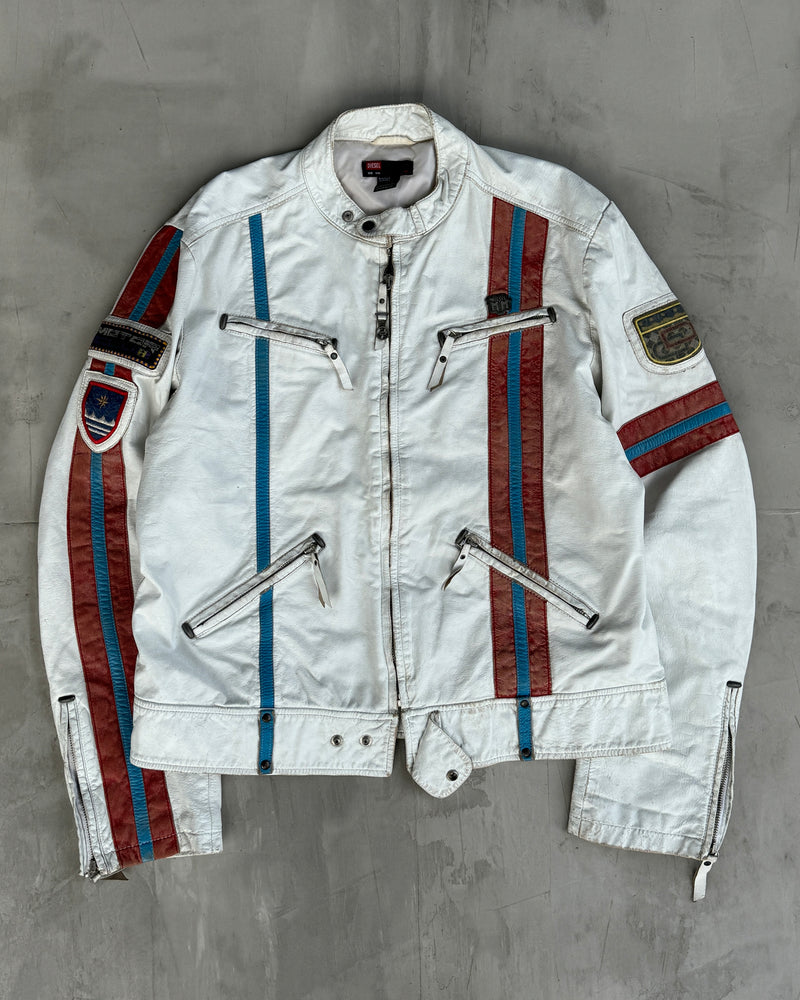 DIESEL 2000'S WHITE LEATHER RACER JACKET - XL