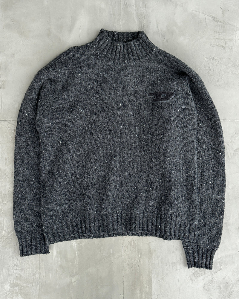 DIESEL 2000'S 'D' MARL KNIT HIGH NECK SWEATSHIRT - L