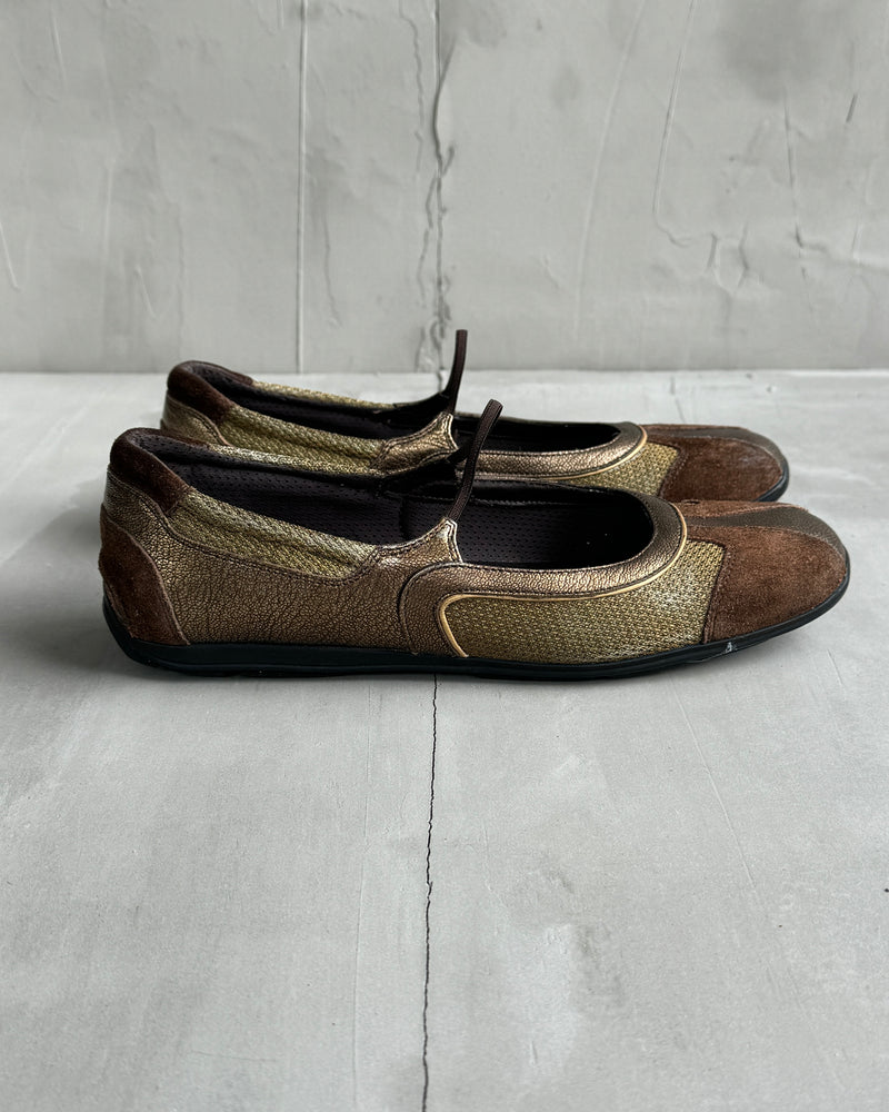 PRADA 2000'S BROWN & METALLIC SUEDE BALLET FLATS - EU 39 / UK 6